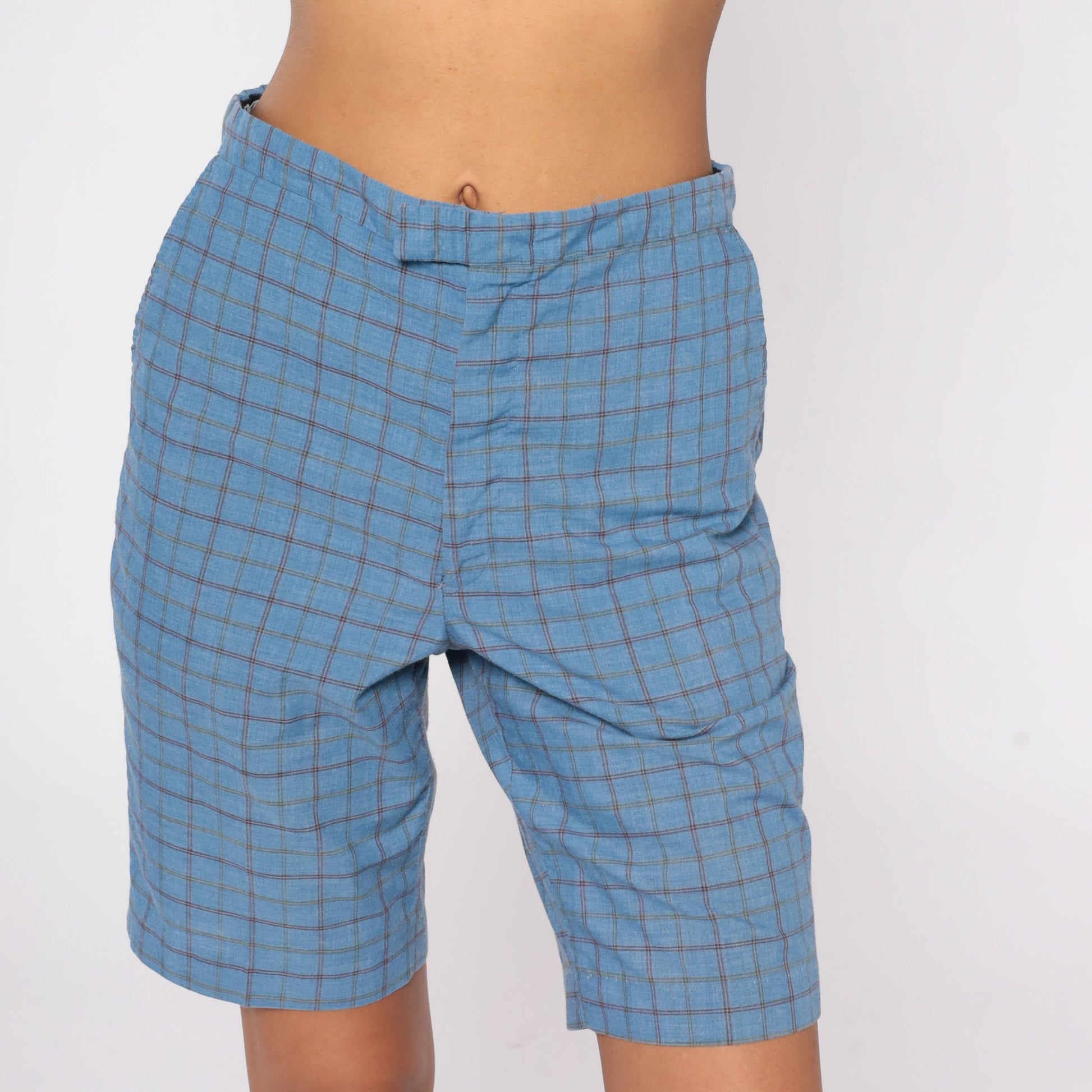70s Blue Checkered Bermuda Shorts Knee Length Mid Rise Small
