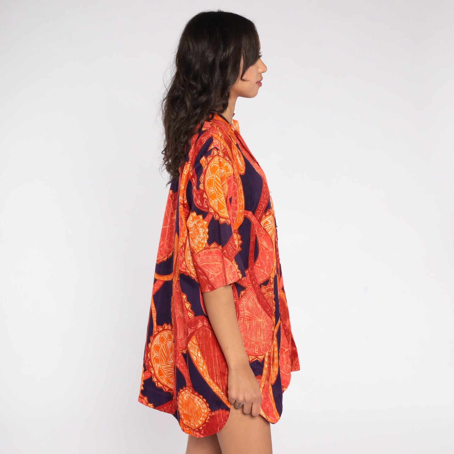 70s Purple Orange Abstract Medallion Print Button-Up Blouse Short Sleeve Extra Large XXL