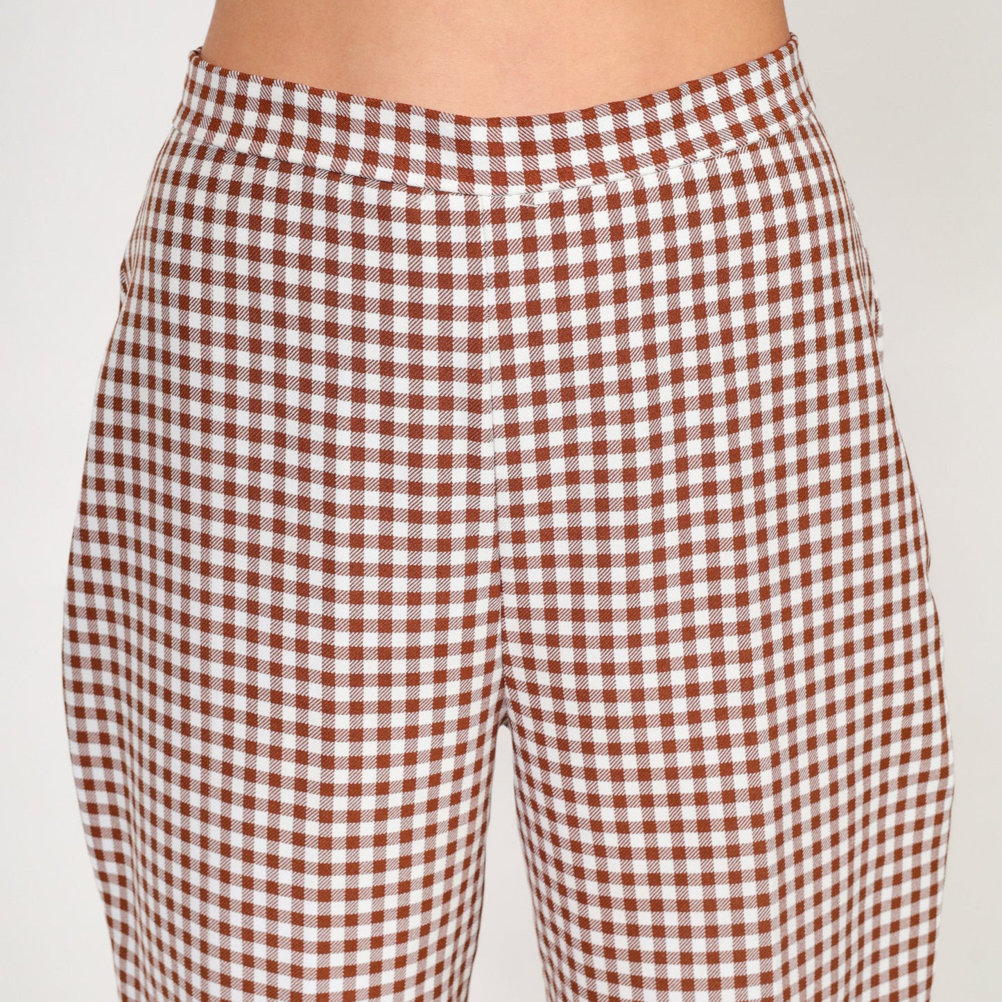 70s Gingham Bell Bottom Pants Brown White High Rise Flared Trousers Small