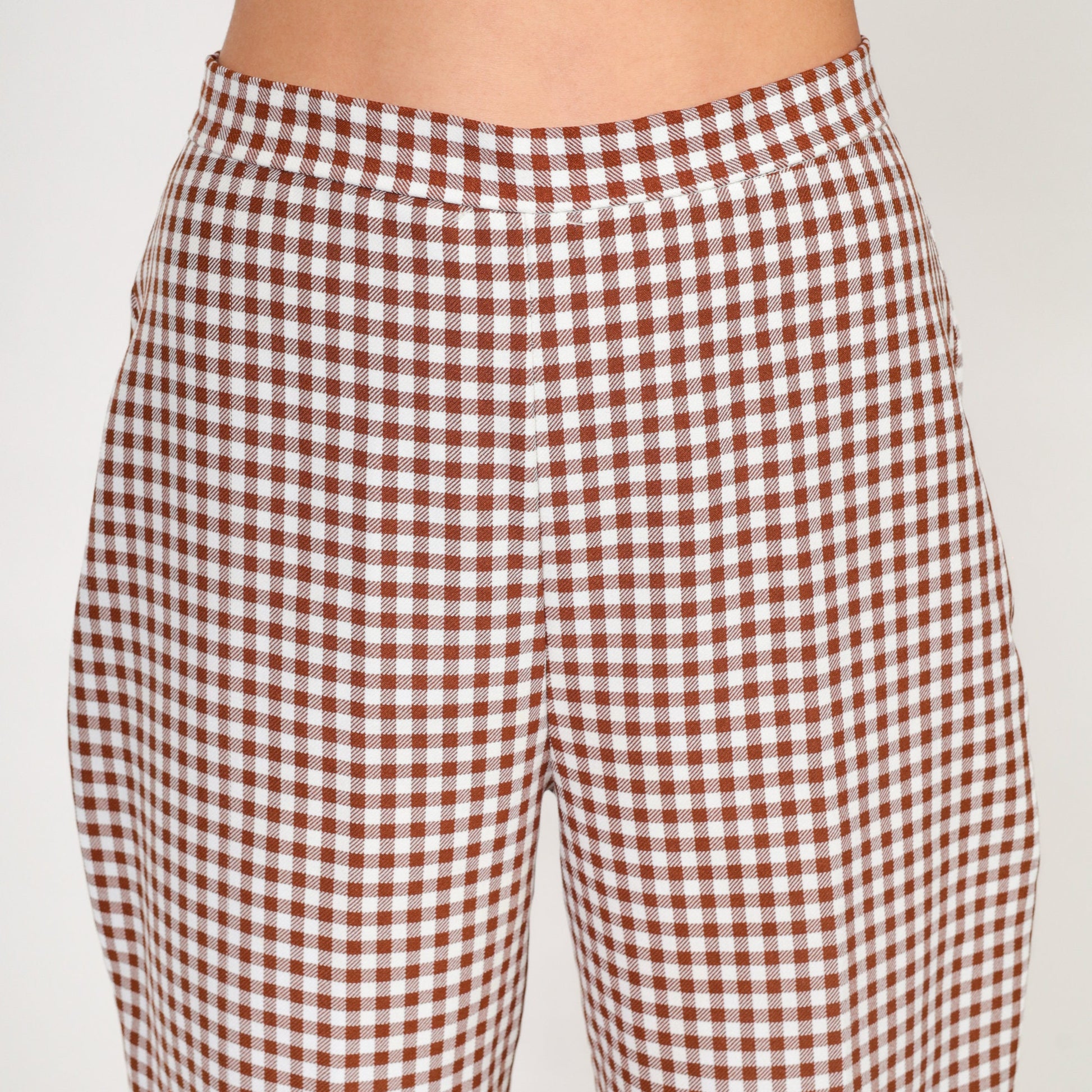 70s Gingham Bell Bottom Pants Brown White High Rise Flared Trousers Small