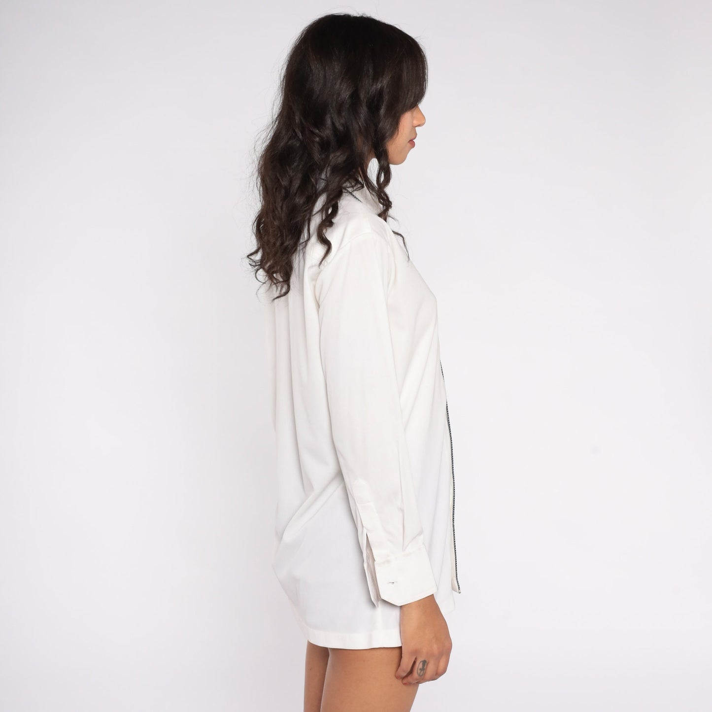 70s Da Vinci White Button Up Shirt Black Trim Chest Pocket Medium