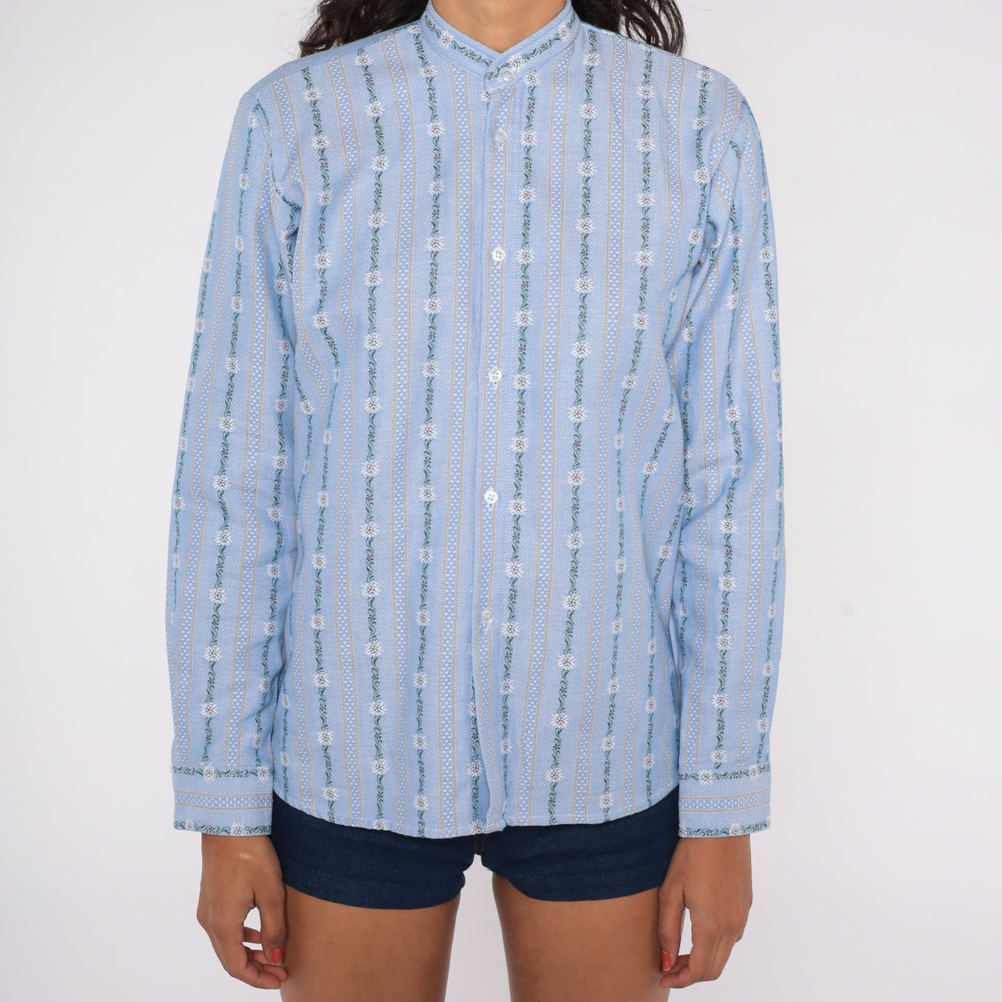 70s Blue Striped Floral Ribbon Print Button-Up Shirt Banded Collar Medium