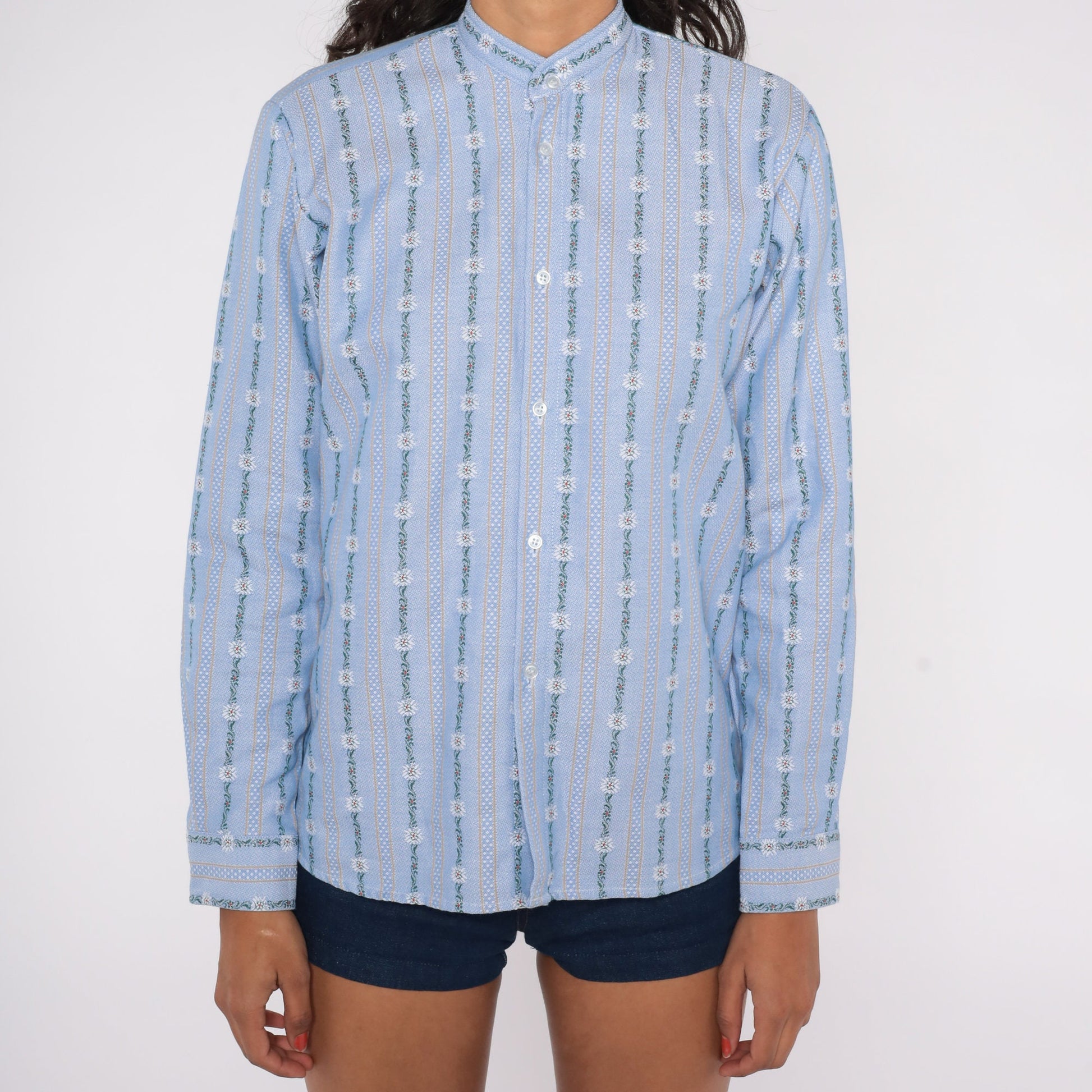 70s Blue Striped Floral Ribbon Print Button-Up Shirt Banded Collar Medium