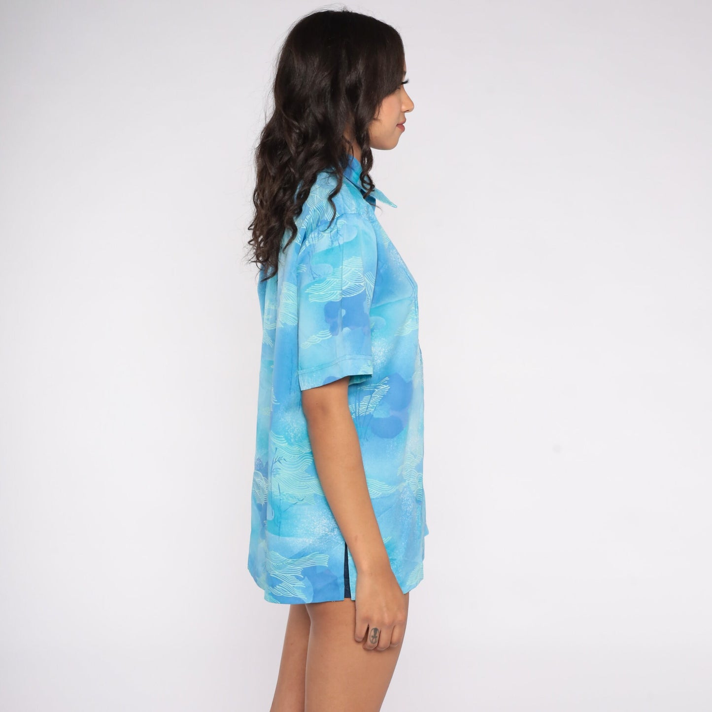 70s Lehua Hawaii Polo Shirt Blue Abstract Cloud Wave Print Medium M