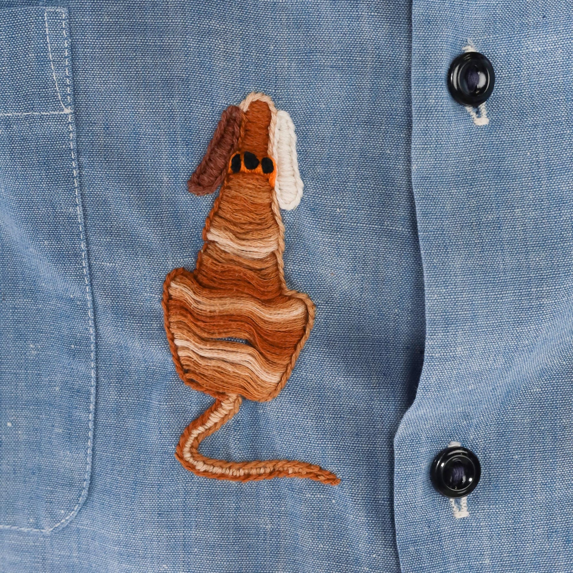 70s Blue Chambray Embroidered Button Up Blouse Floral Animal Motif Large
