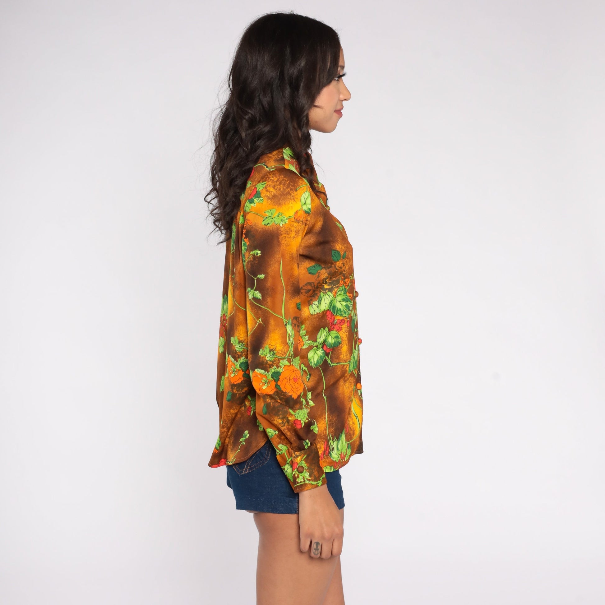 70s Floral Disco Shirt Brown Yellow Cloud Dye Button Up Pointed Collar Medium