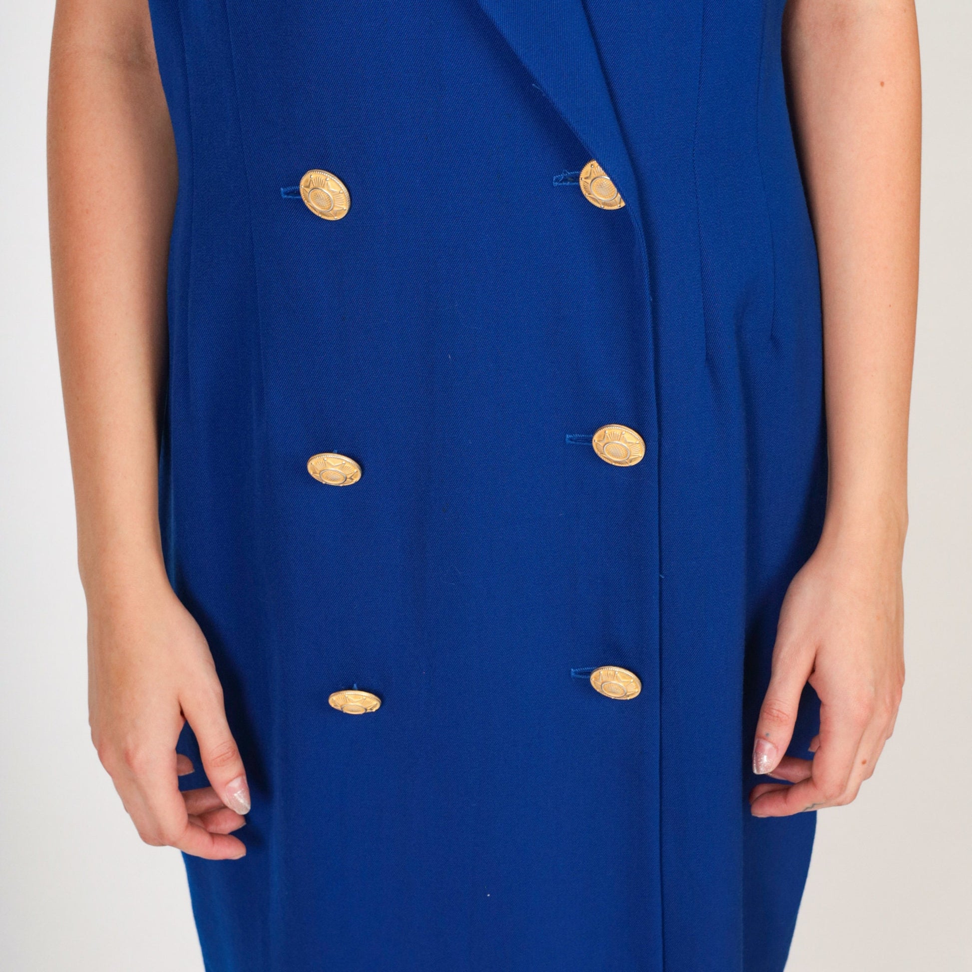 80s Royal Blue Double Breasted Button Up Midi Dress Gold Trim Medium 10