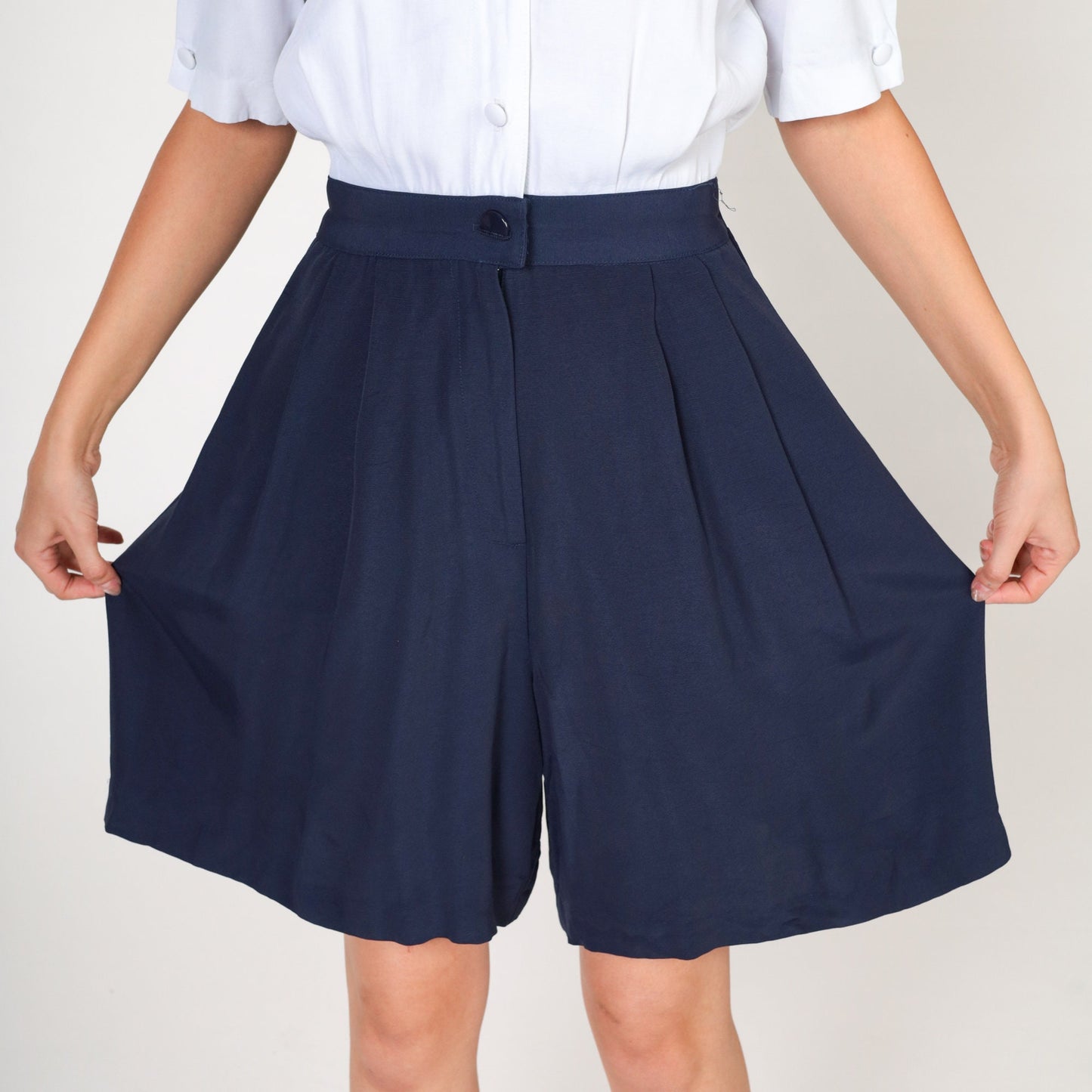 80s Navy White Collared Romper High Waist Button Front Pockets Small