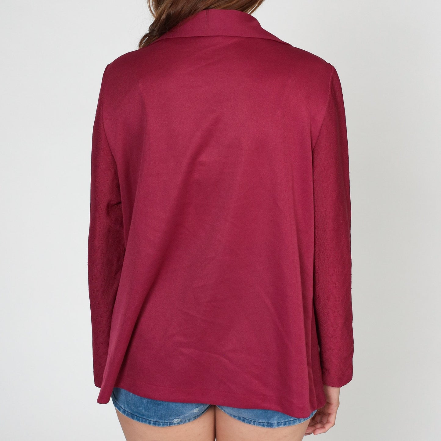70s Raspberry Red Open Front Blazer Long Sleeve Collared Jacket Medium M