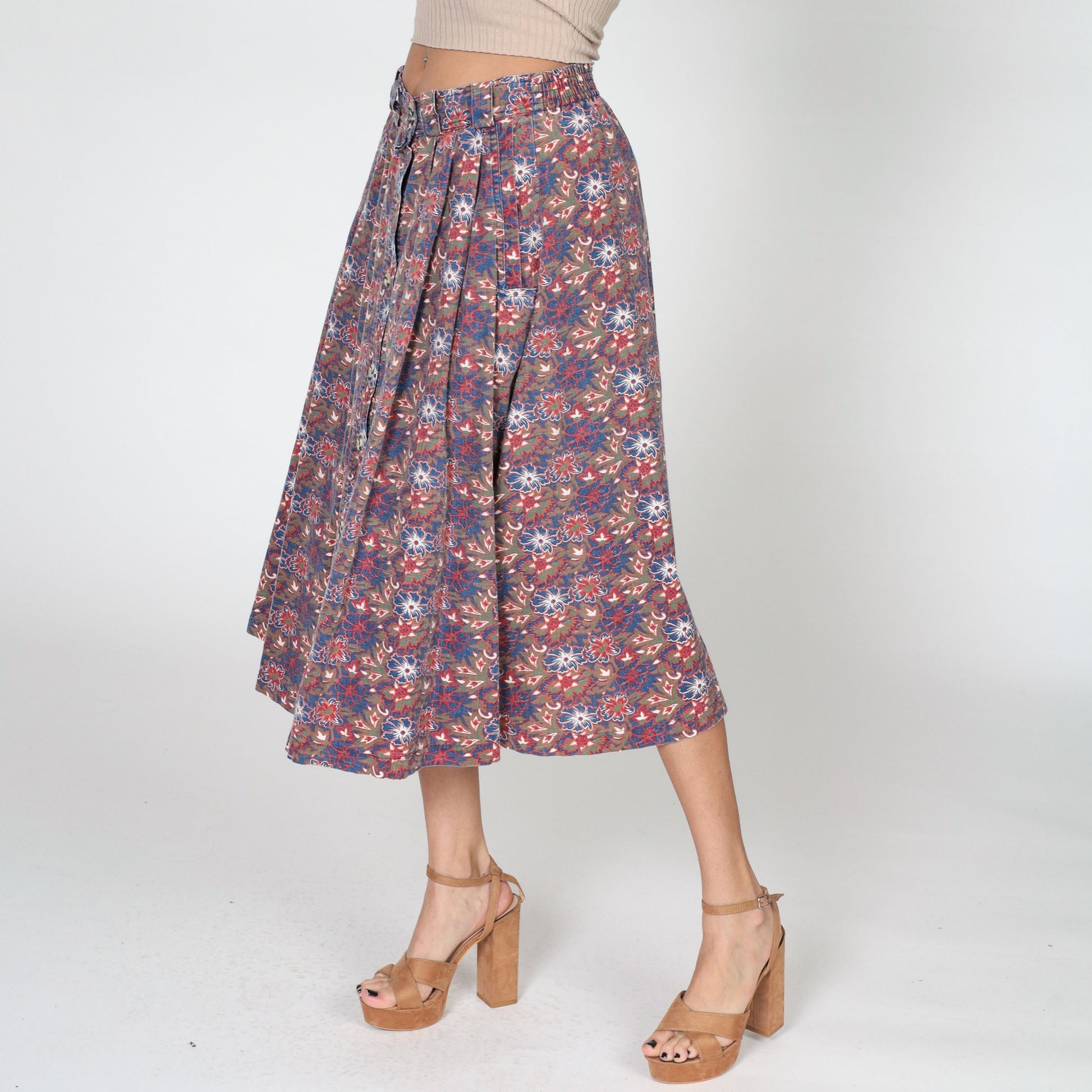 90s Gitano Tropical Floral Pleated Midi Skirt High Waist Button Front Small