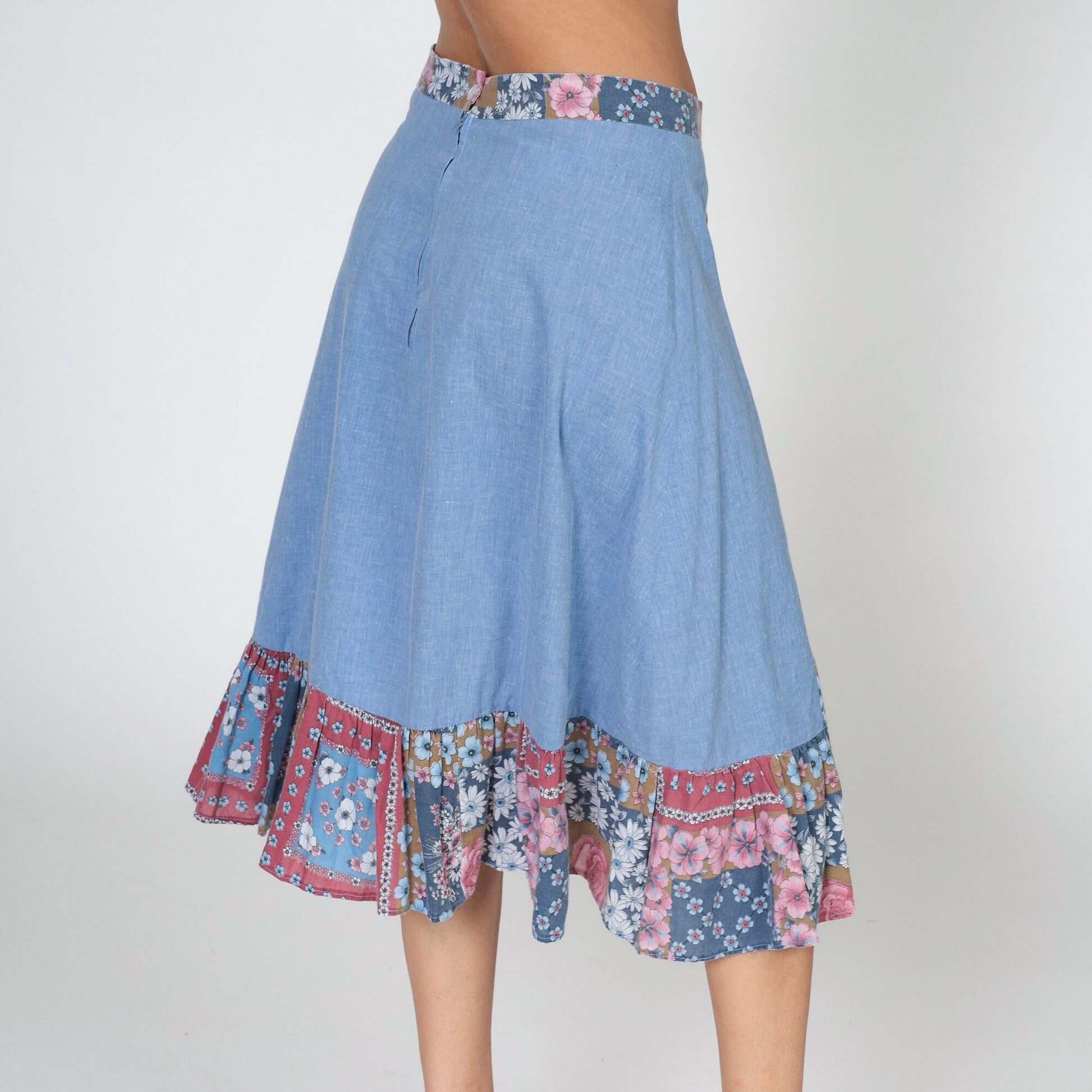 70s Patchwork Floral Midi Skirt Blue High Waist Tiered Ruffled Medium