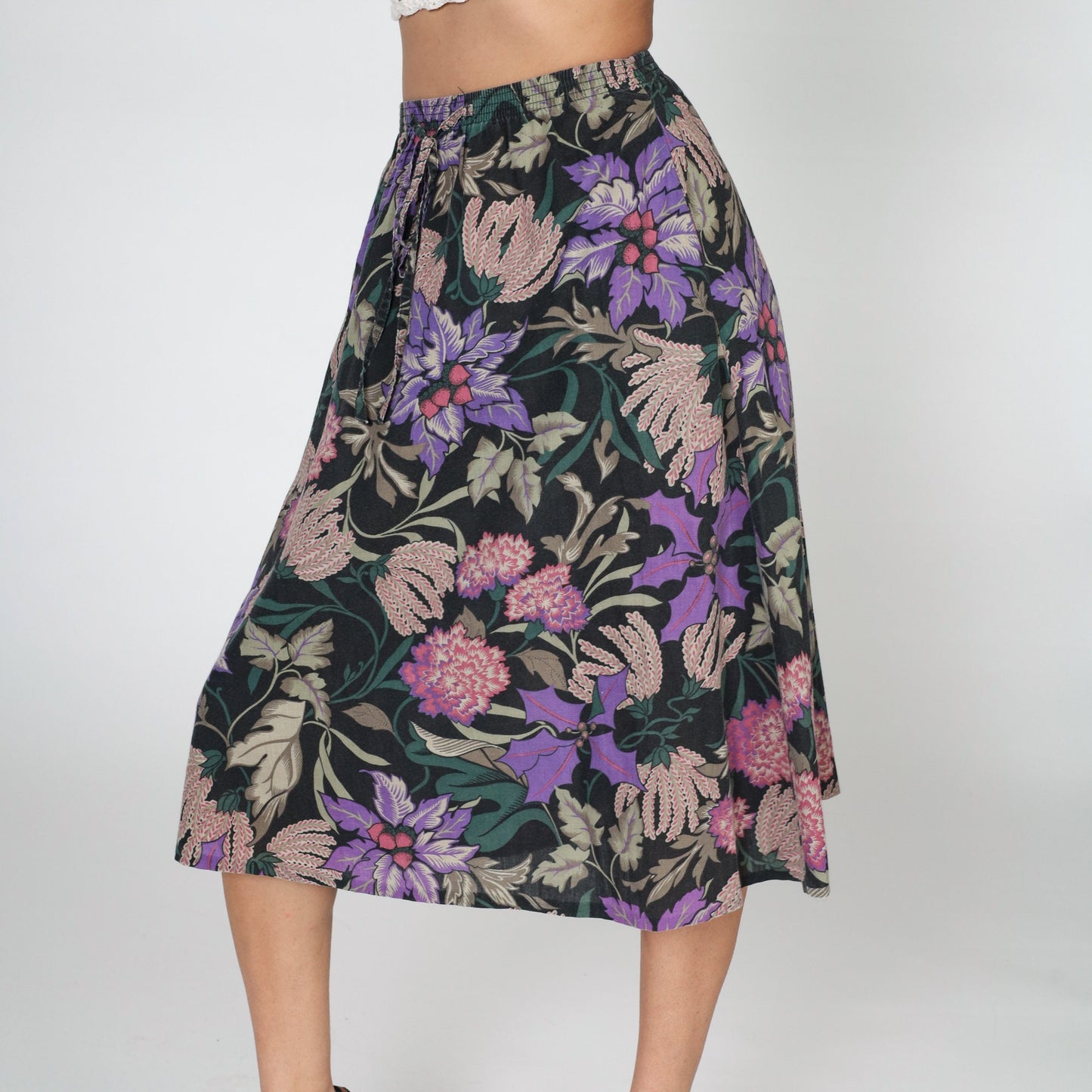 80s Black Floral Midi Skirt High Waist Purple Dahlia Print Small