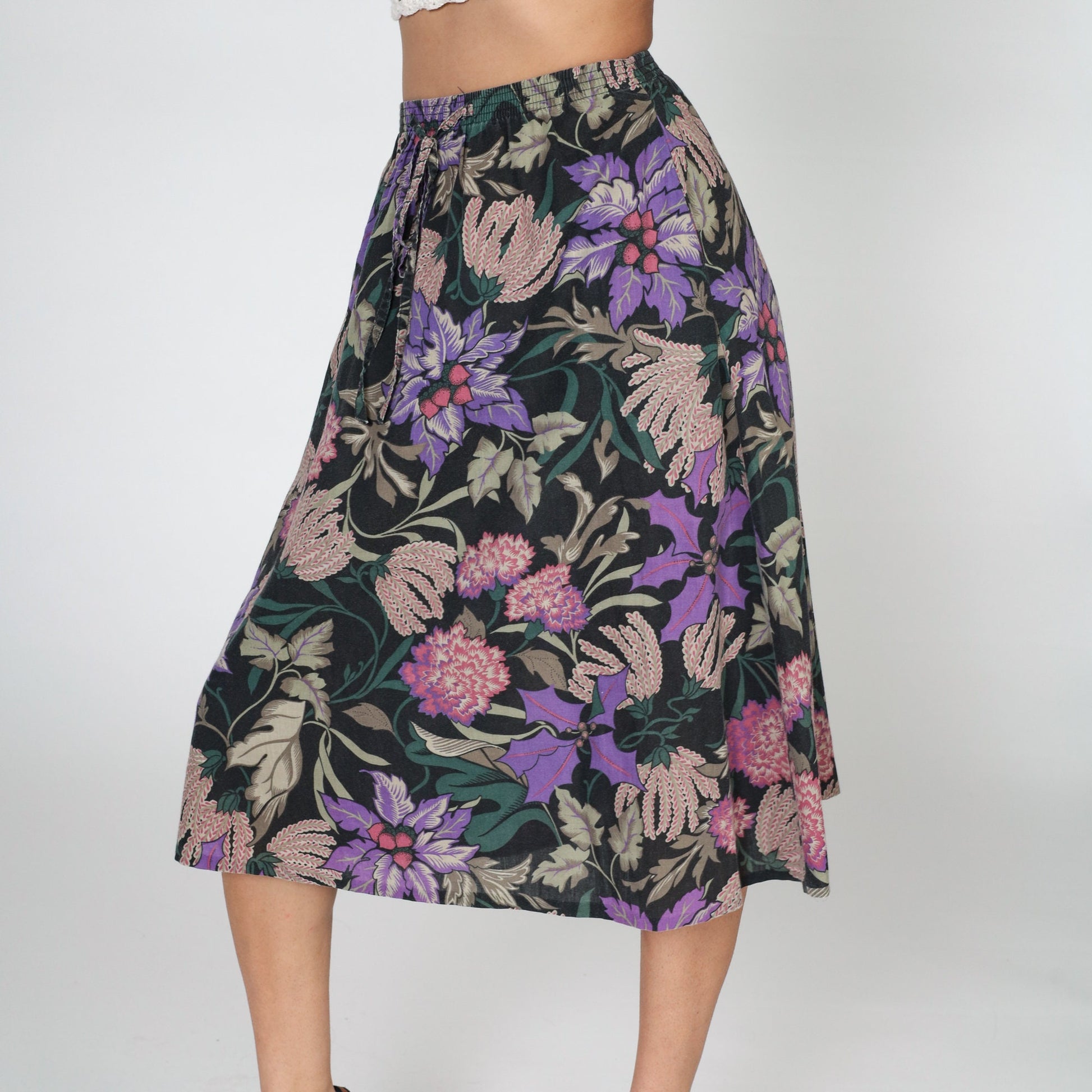 80s Black Floral Midi Skirt High Waist Purple Dahlia Print Small
