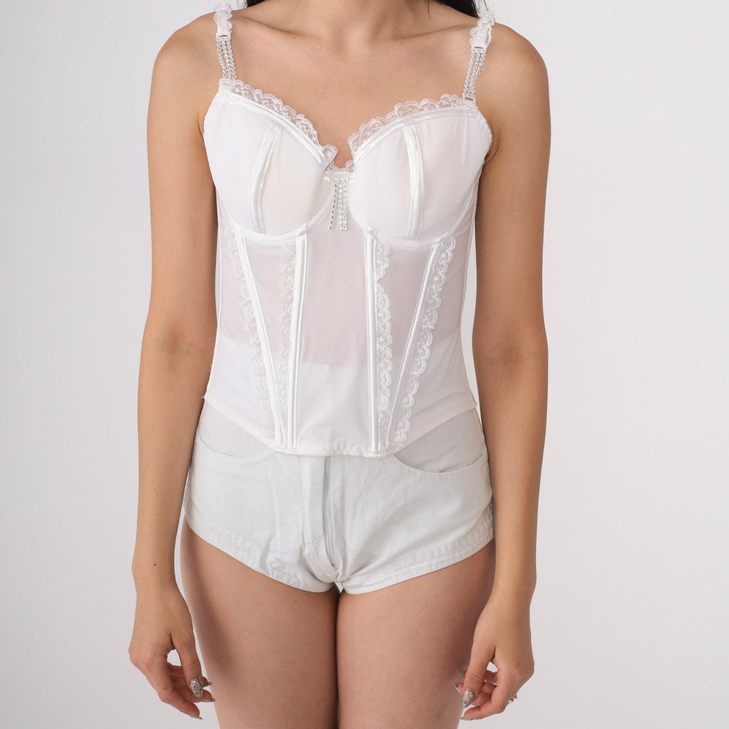 00s White Rhinestone Bustier Corset Tank Lace Underwire Small 32D