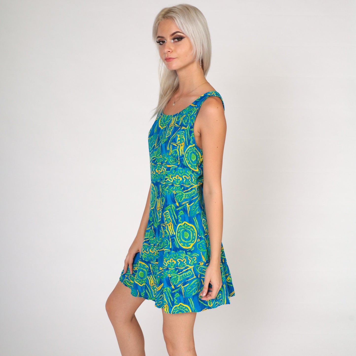 90s Big Hed Designs Tropical Mini Dress Abstract Palm Print Blue Green Small