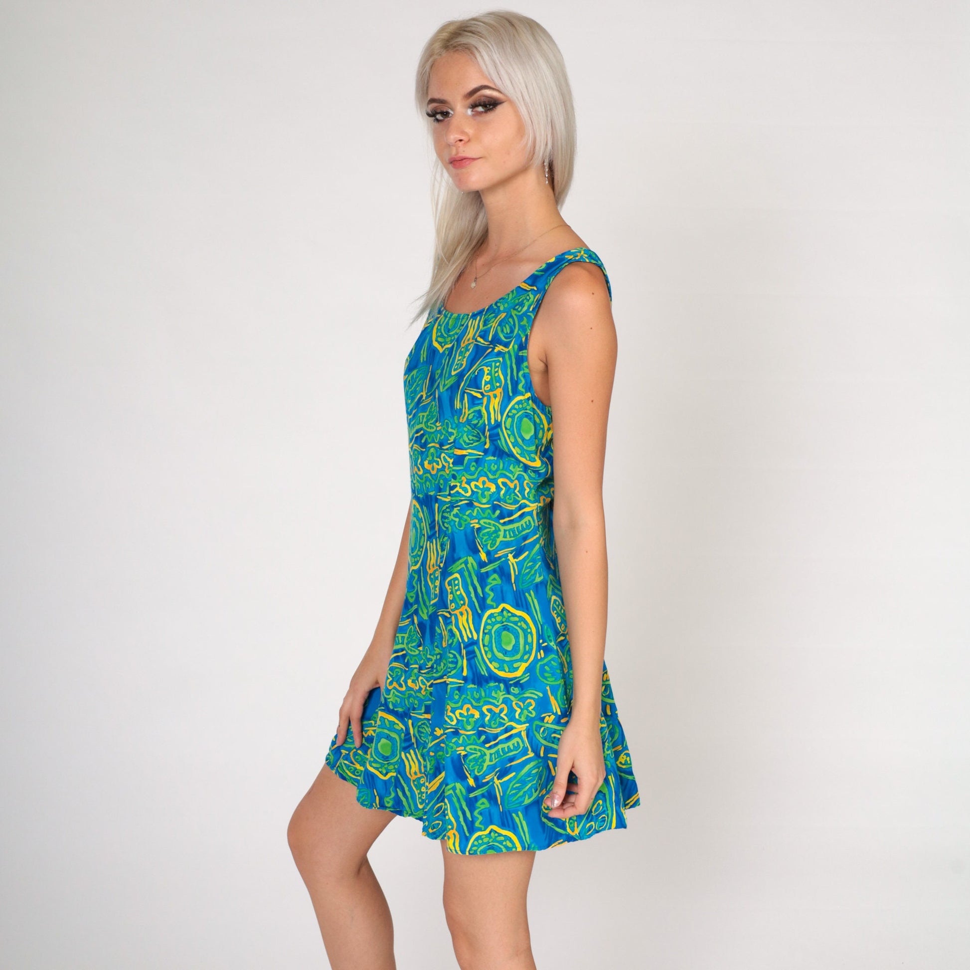 90s Big Hed Designs Tropical Mini Dress Abstract Palm Print Blue Green Small