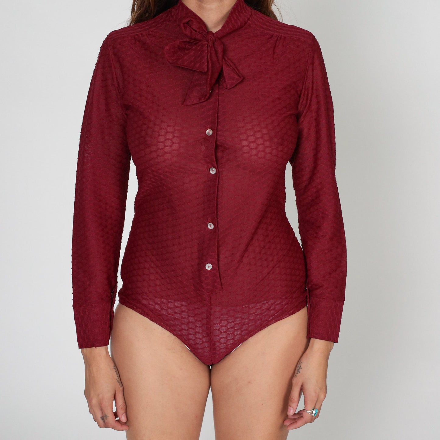 70s Red Sheer Bodysuit Blouse Tie Neck Long Sleeve Honeycomb Medium M