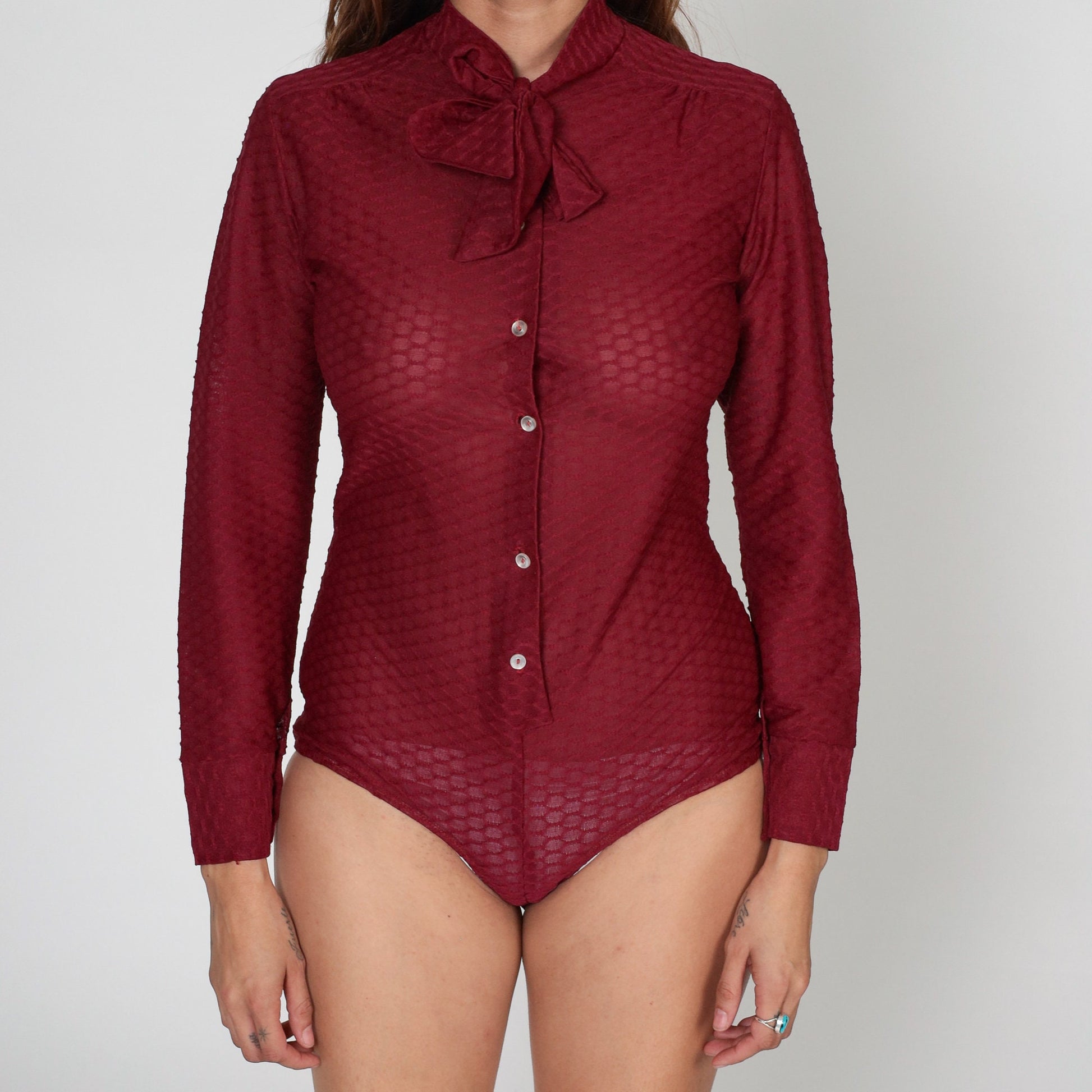 70s Red Sheer Bodysuit Blouse Tie Neck Long Sleeve Honeycomb Medium M