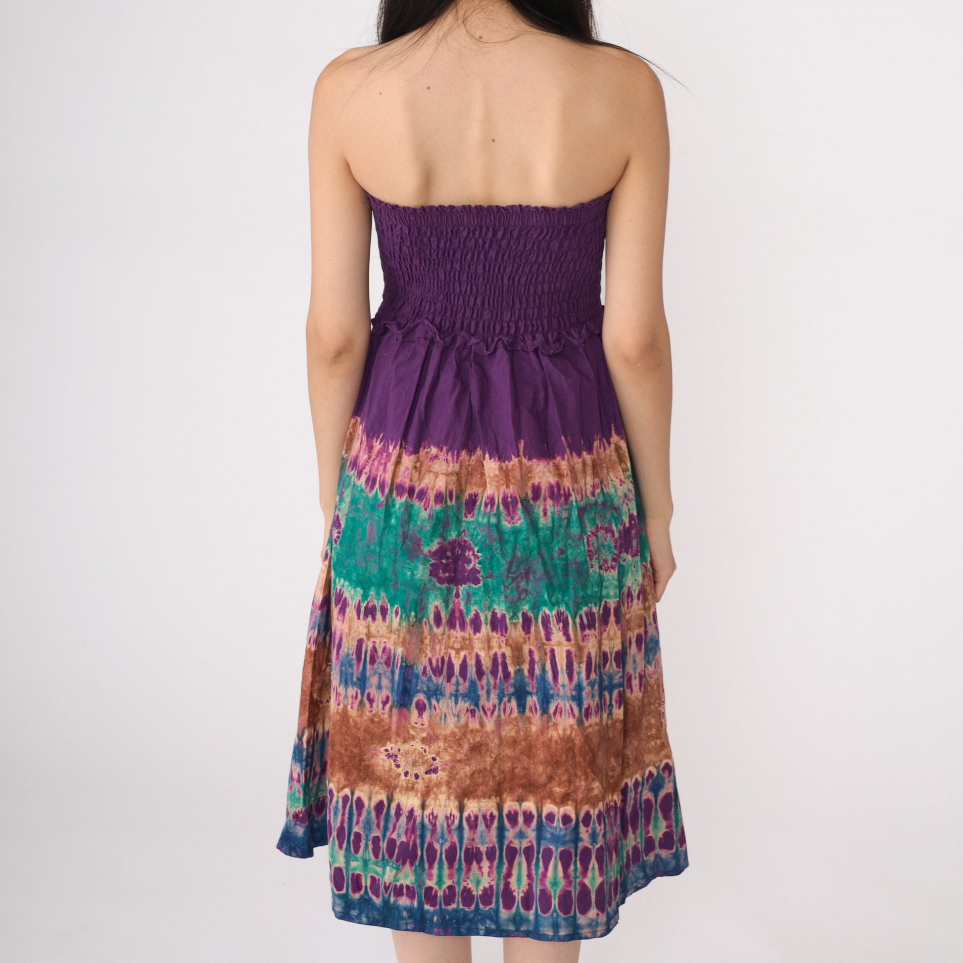 00s Tie Dye Smocked Strapless Midi Dress Purple Green Small Medium