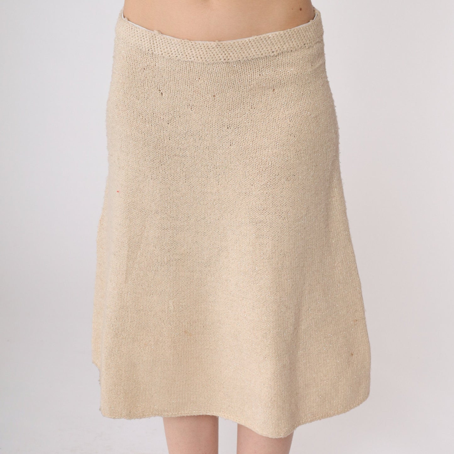 80s Beige Metallic Knit Pencil Skirt Silver Threads Elastic Waist Small Medium