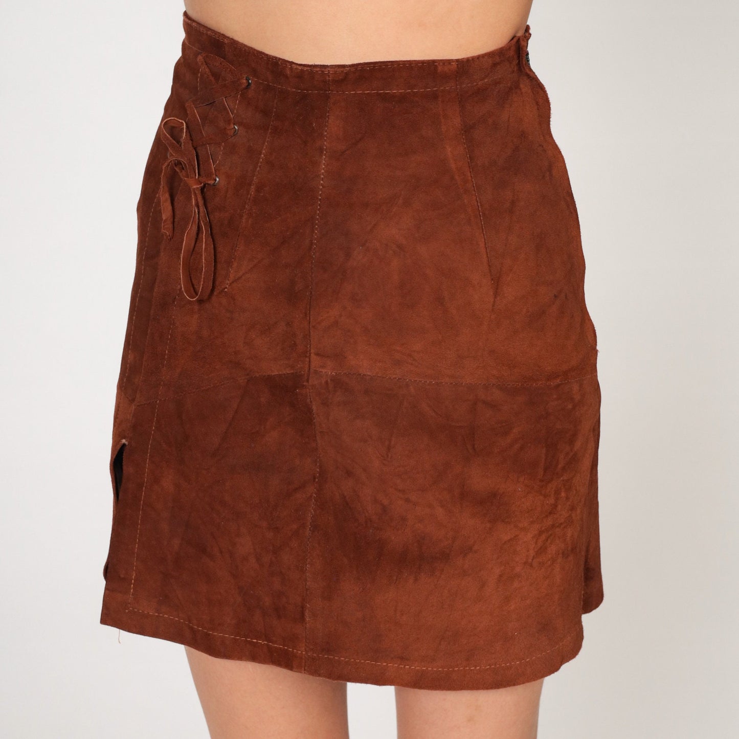 80s Brown Suede Mini Skirt High Waist Lace Up Pencil Cut Extra Small