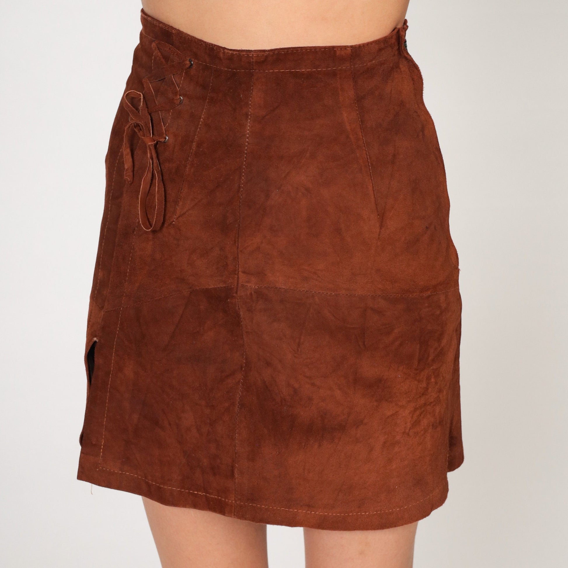 80s Brown Suede Mini Skirt High Waist Lace Up Pencil Cut Extra Small