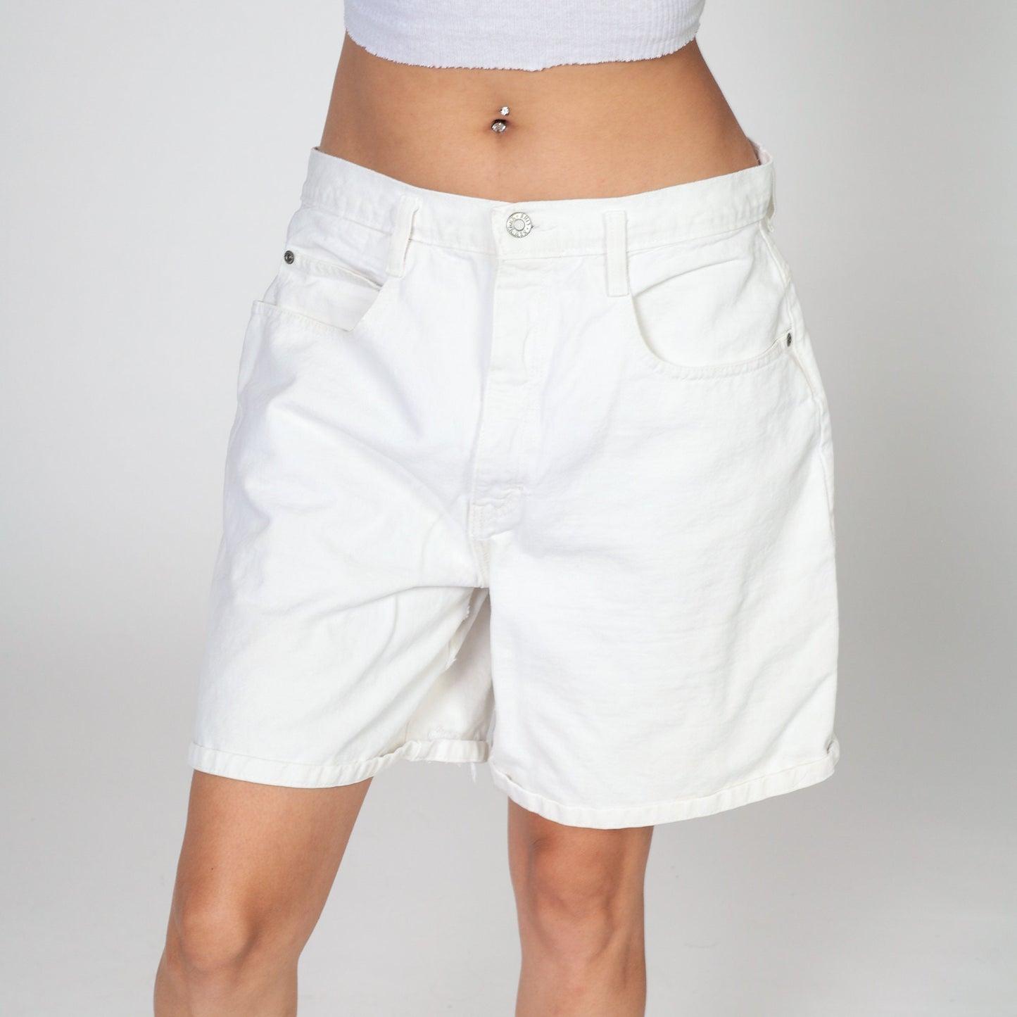 Y2K White High-Waisted Denim Shorts Cotton Jean Bermuda Large L