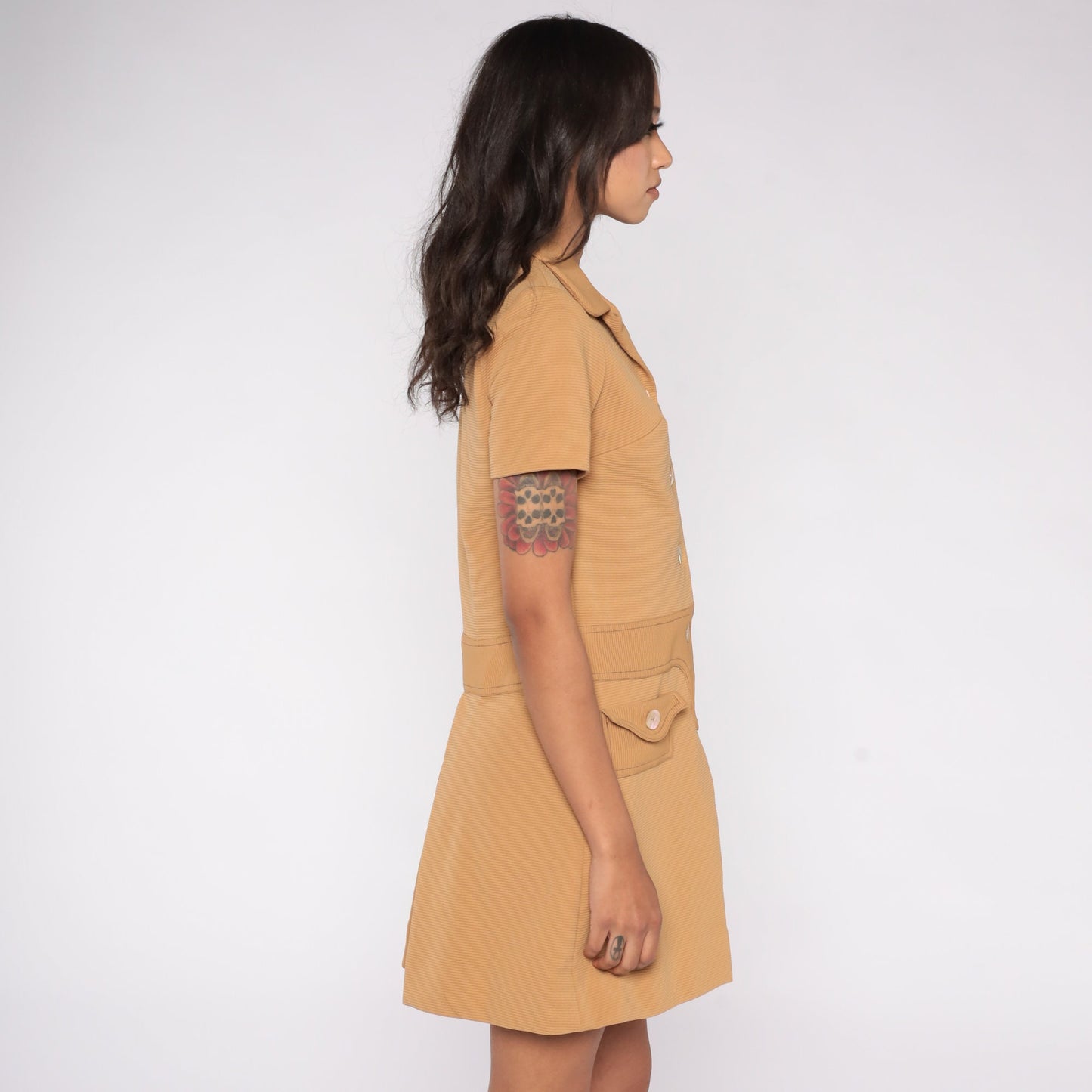 60s Mod Tan Shift Mini Dress with Built-In Shorts Medium