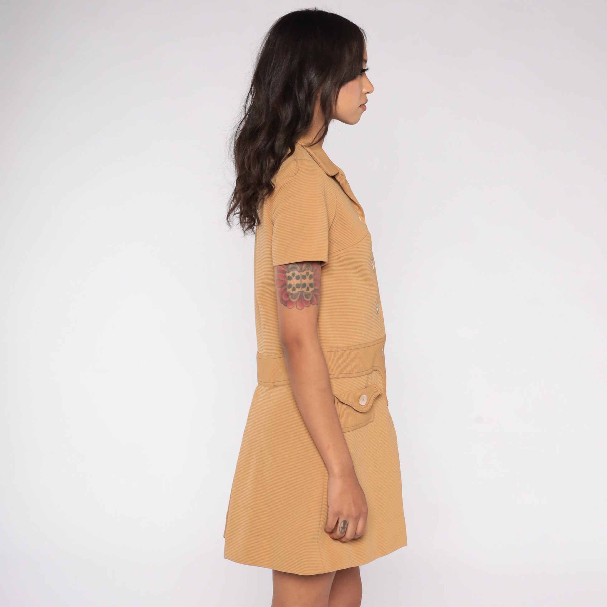 60s Mod Tan Shift Mini Dress with Built-In Shorts Medium