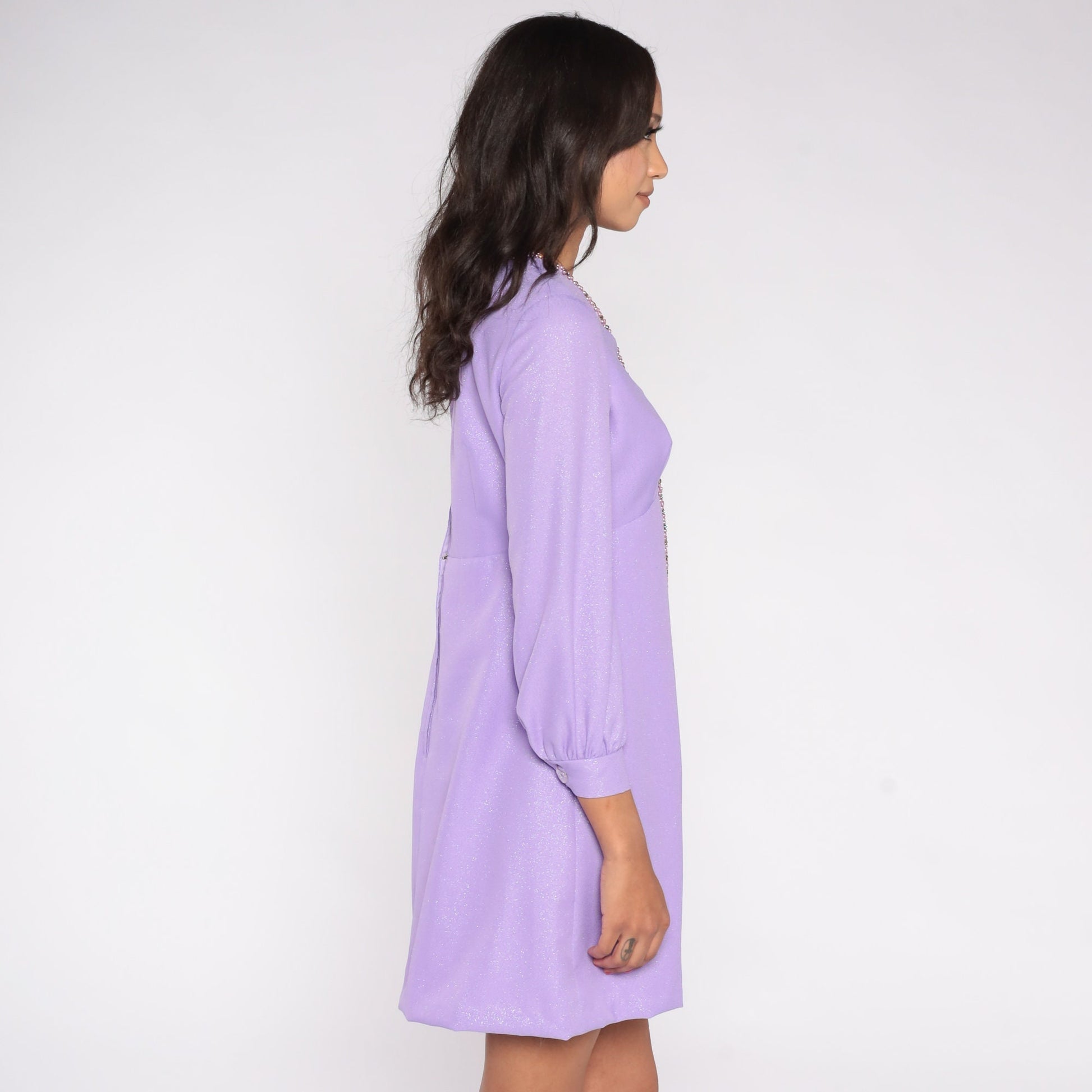 70s Metallic Purple Mini Dress Beaded Empire Waist Long Sleeve Small