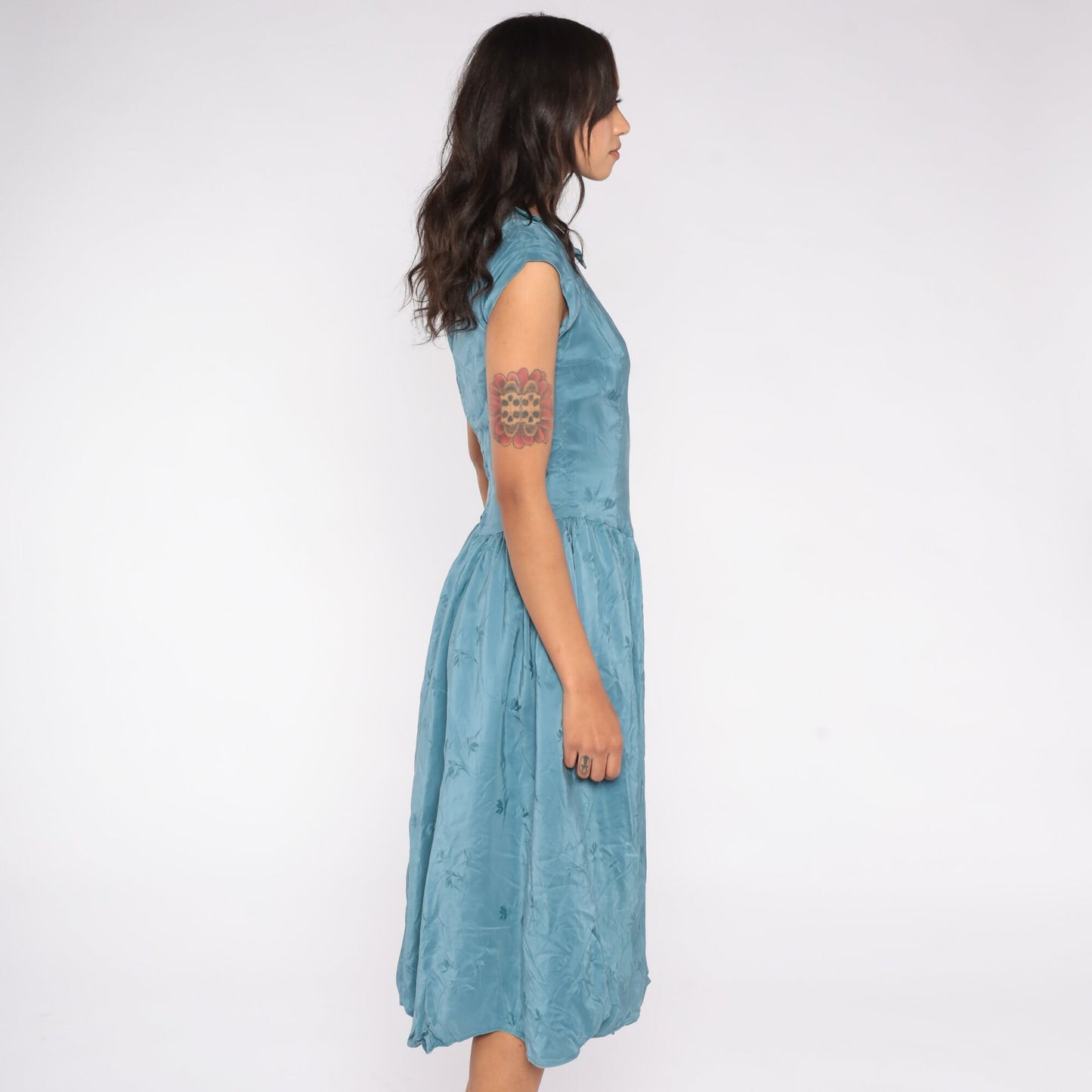 70s Blue Floral Mini Dress Silk Cap Sleeve Low Waist Peter Pan Collar Extra Small