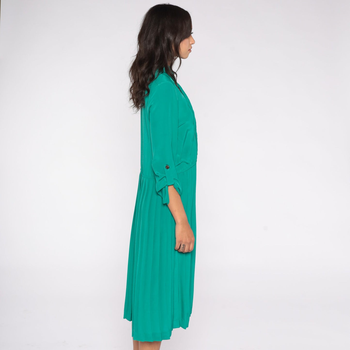 80s Green Satin Shirtdress Pleated High Waist Button-Up Midi Large