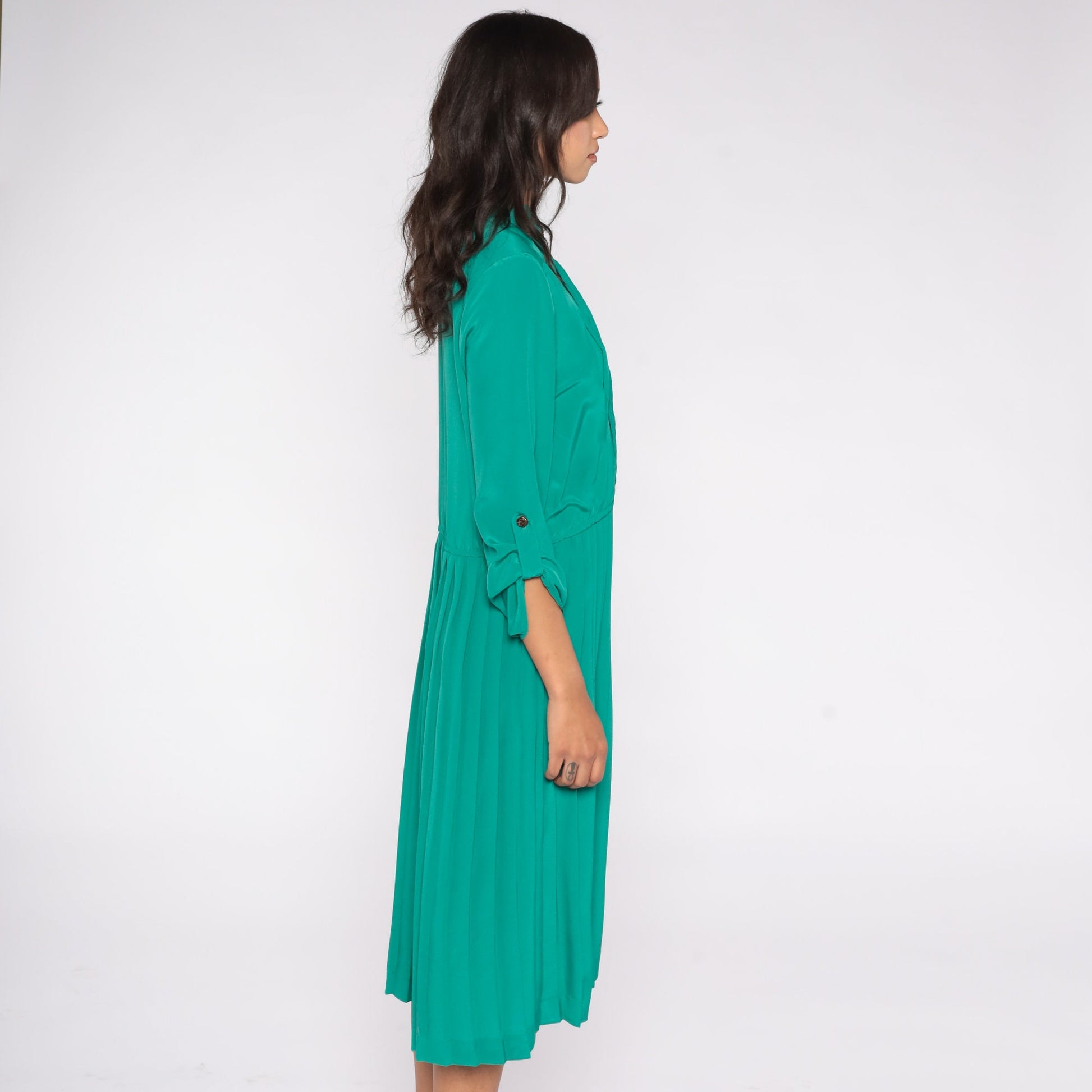 80s Green Satin Shirtdress Pleated High Waist Button-Up Midi Large