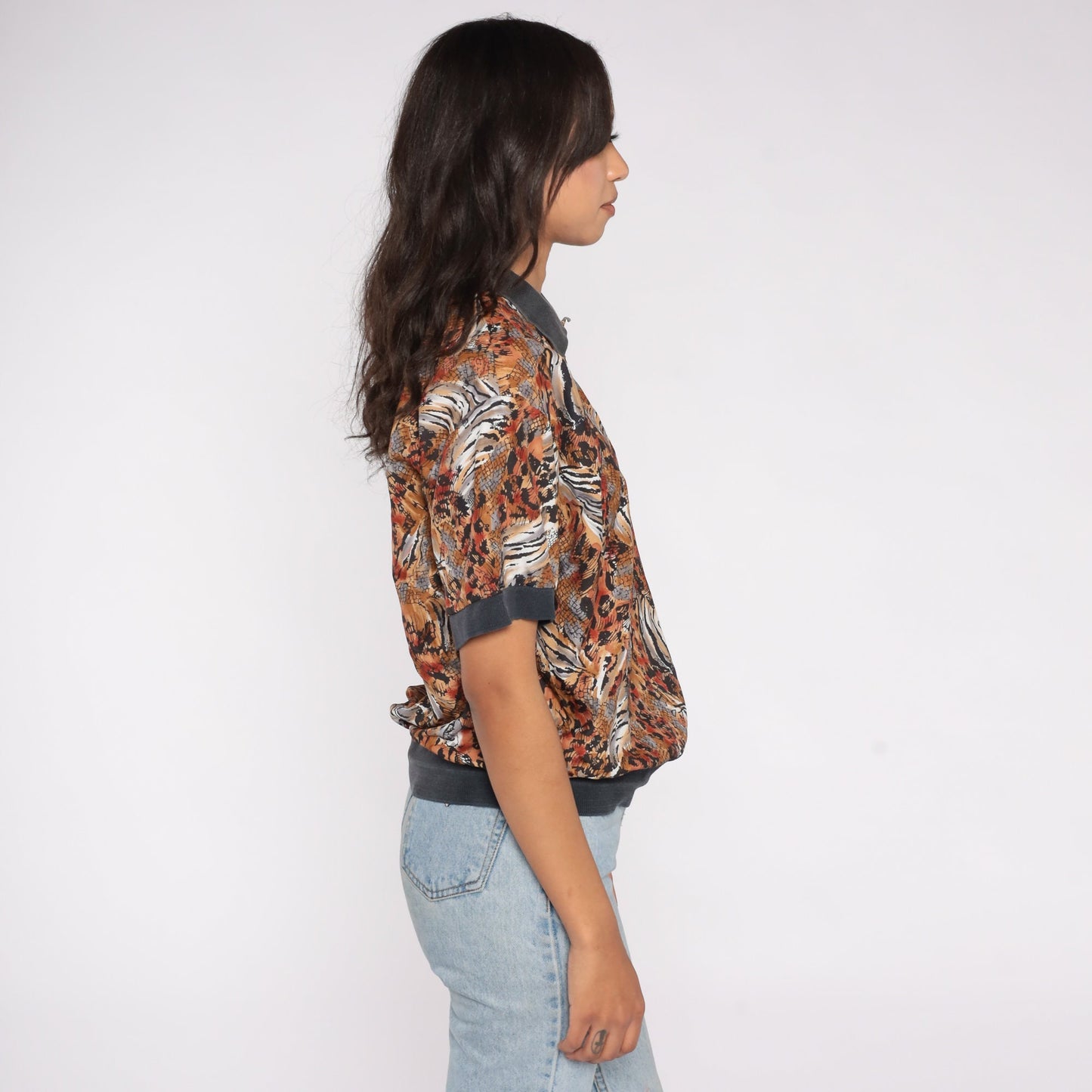 90s Leopard Tiger Print Polo Shirt Slouchy Collared Top Medium