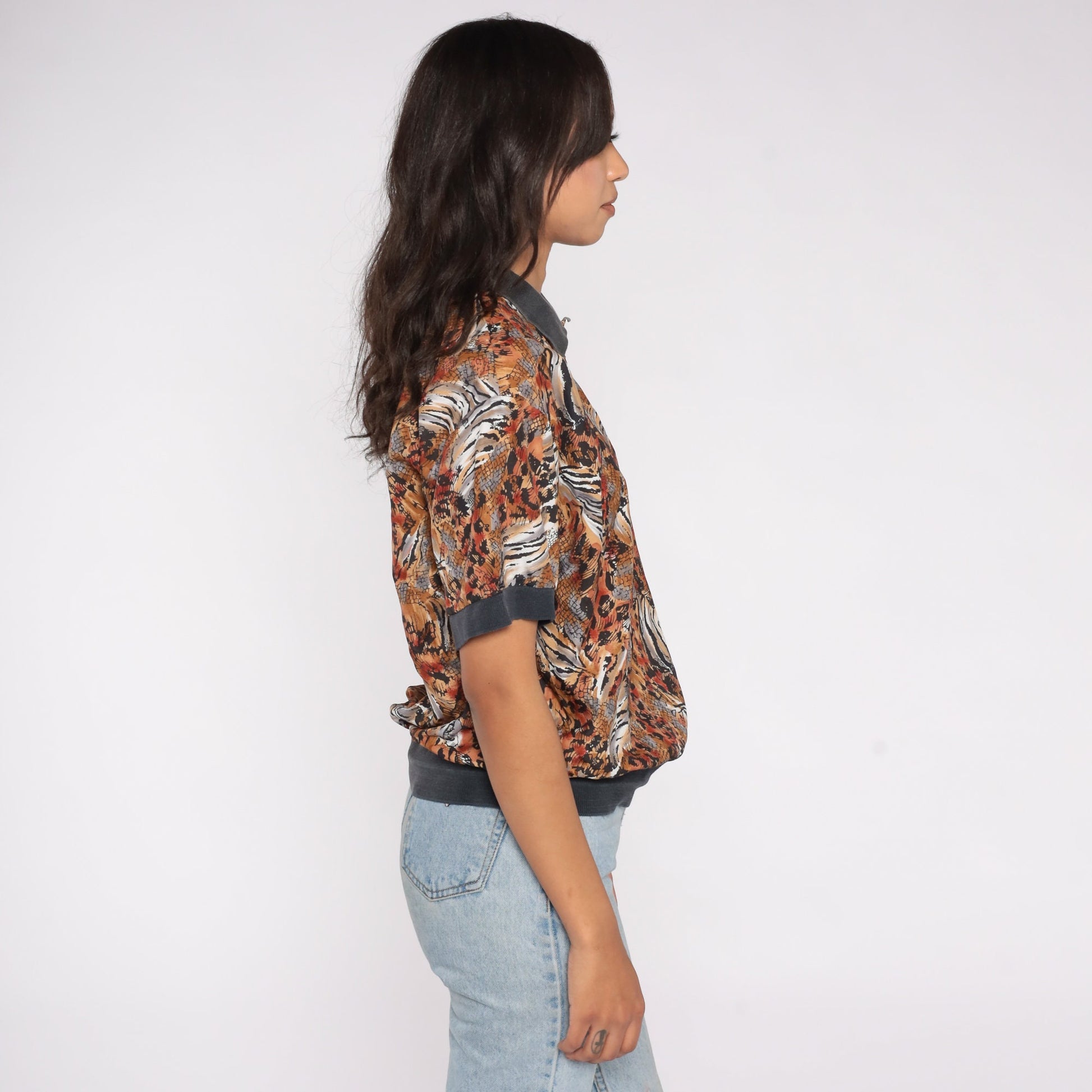 90s Leopard Tiger Print Polo Shirt Slouchy Collared Top Medium
