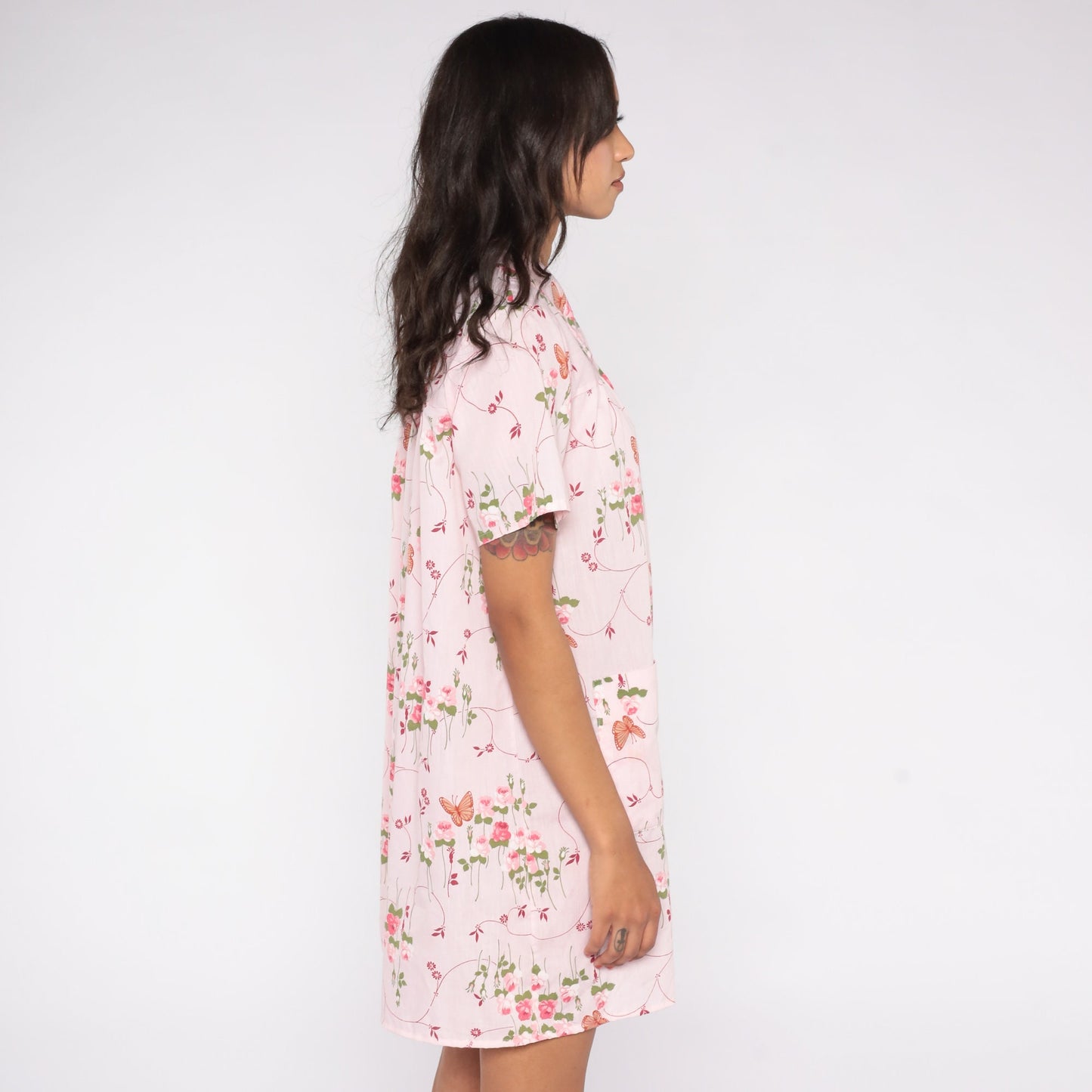 70s Baby Pink Butterfly Floral Mini Dress Snap Button Short Sleeve Medium Large