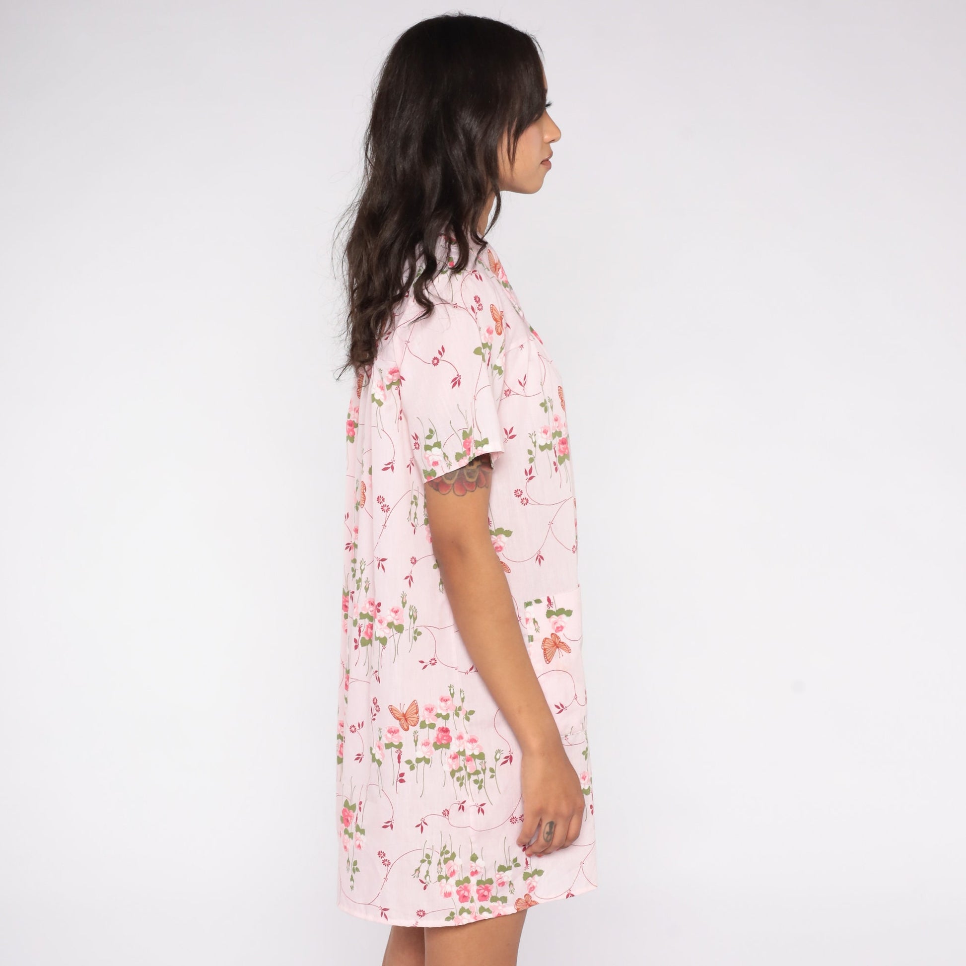 70s Baby Pink Butterfly Floral Mini Dress Snap Button Short Sleeve Medium Large