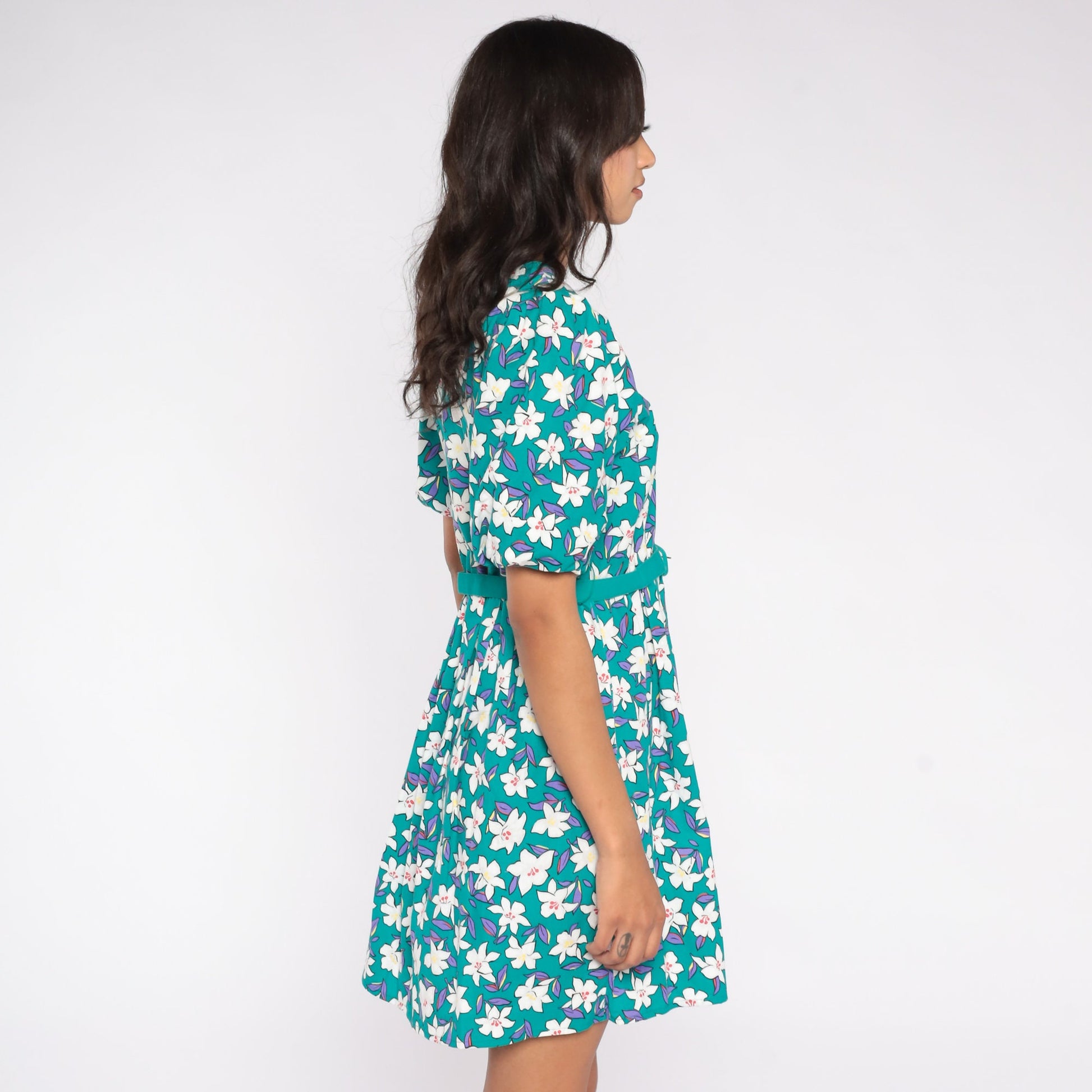 80s Petite by Willi Floral Mini Dress Teal Puff Sleeve Button-Up Small