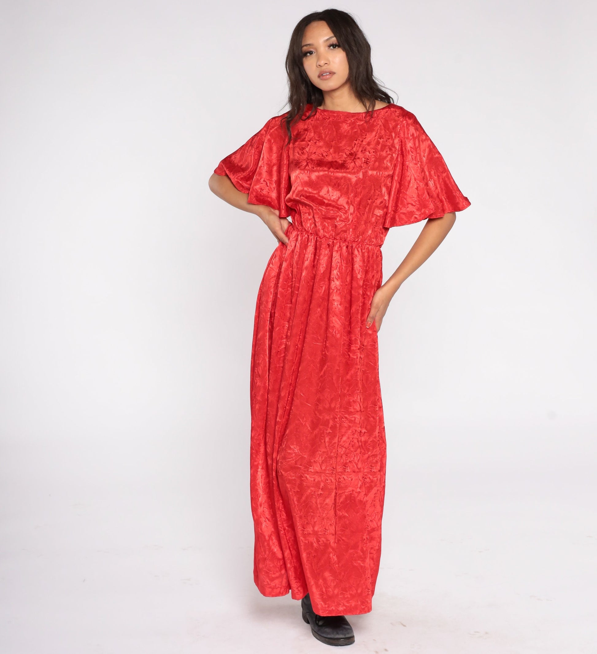 70s Red Maxi Dress Flutter Sleeve Embossed Tropical Floral High Waist Small