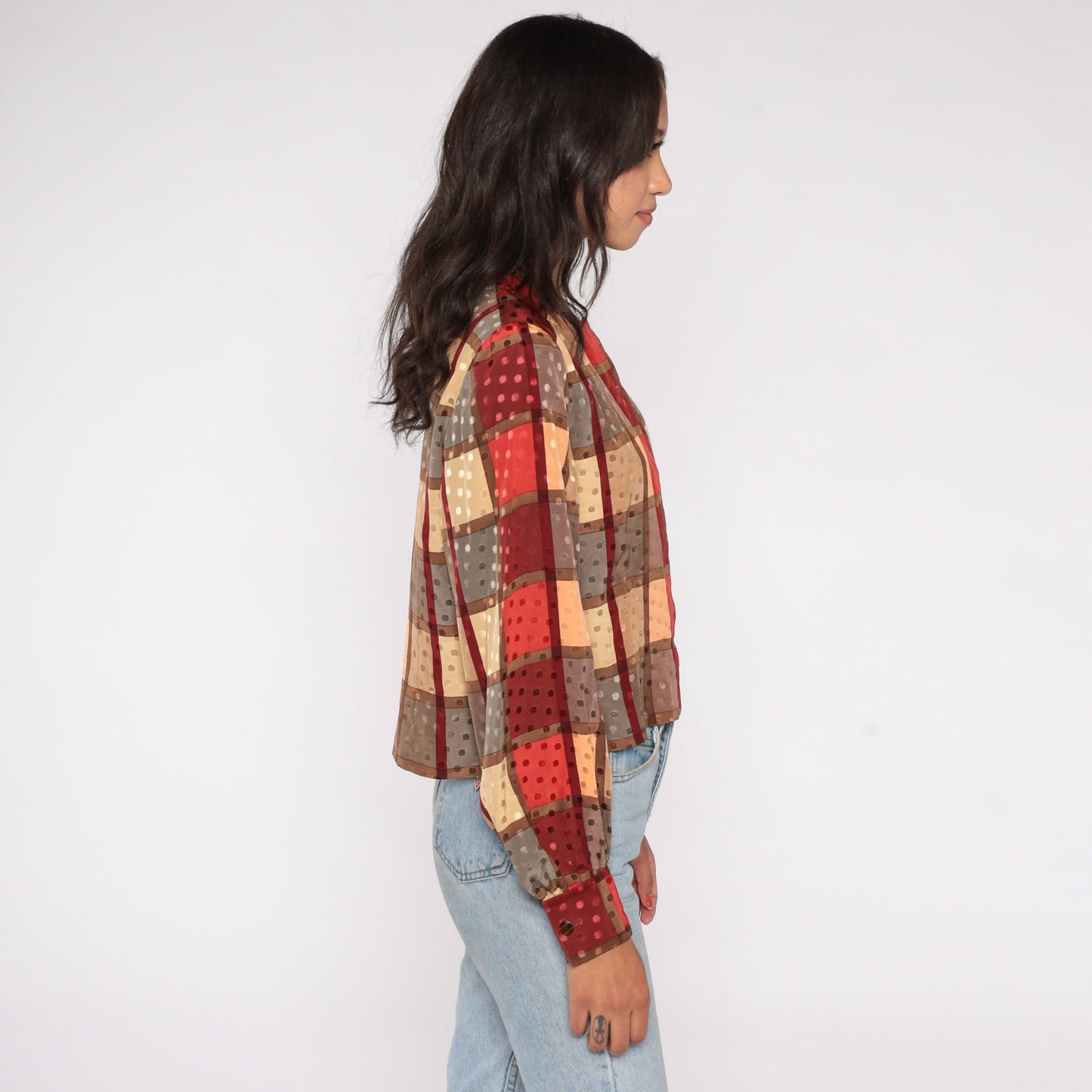 80s Checkered Hidden Button Blouse Long Sleeve Red Yellow Small S