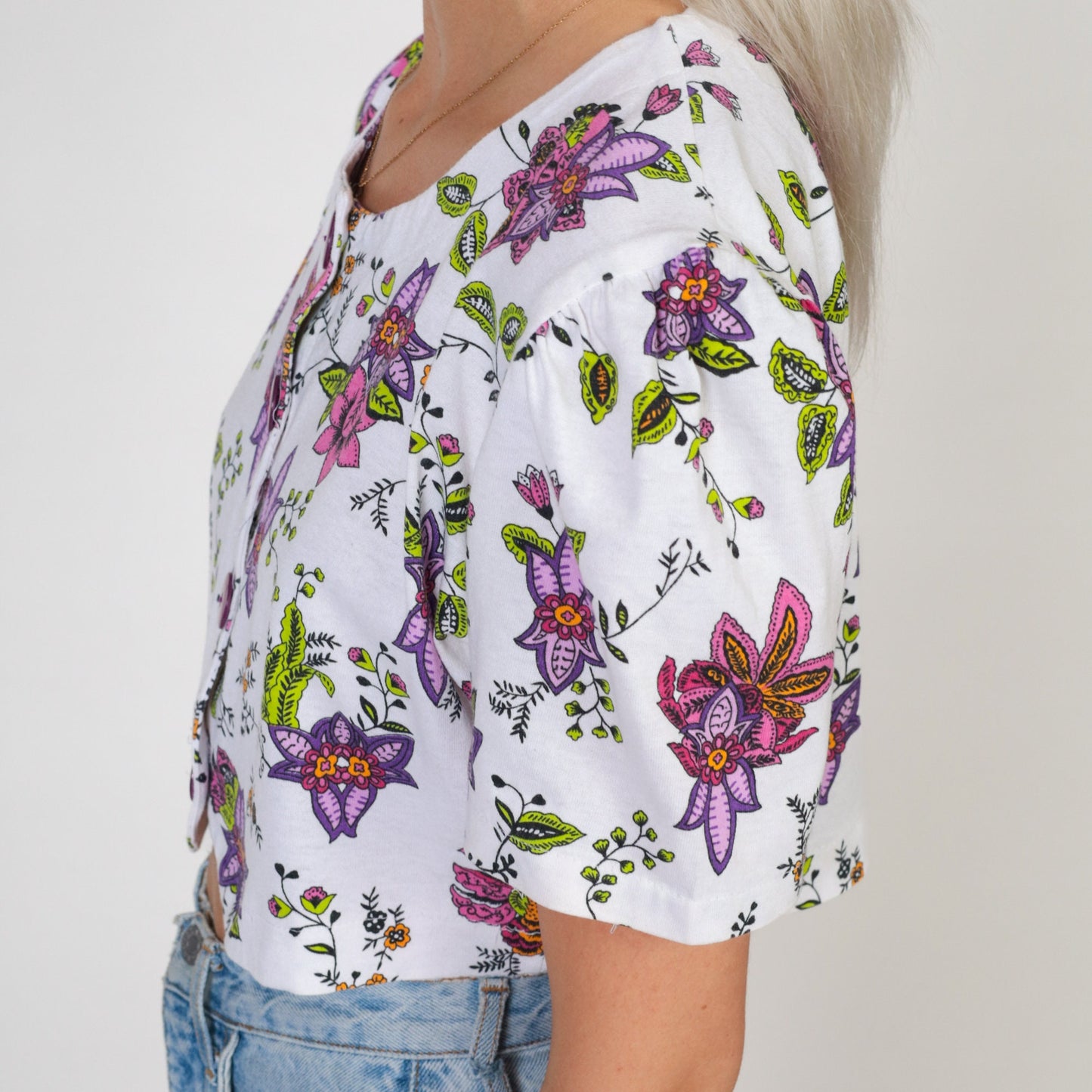 90s White Floral Crop Top Cotton Puff Sleeve Button Blouse Small
