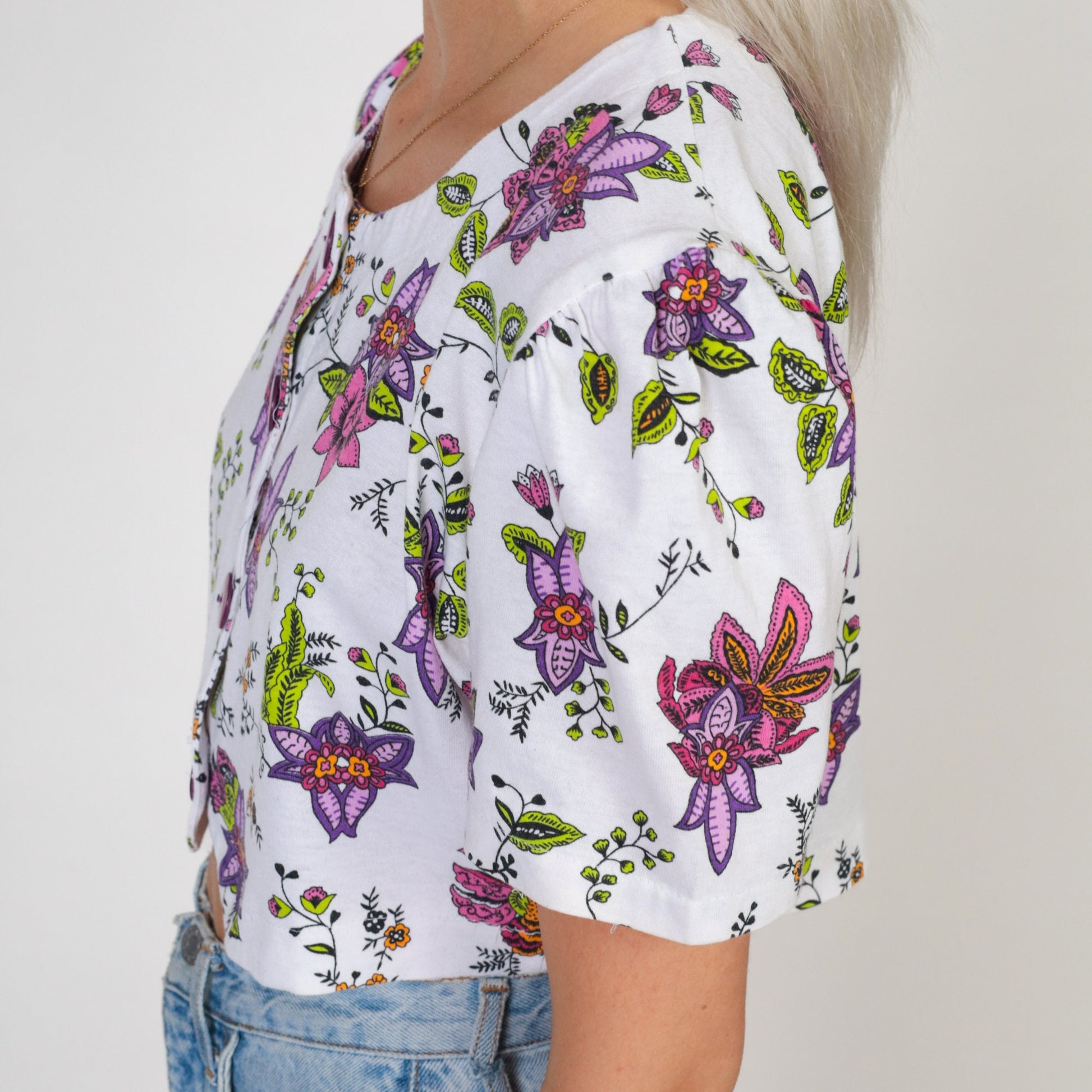 90s White Floral Crop Top Cotton Puff Sleeve Button Blouse Small
