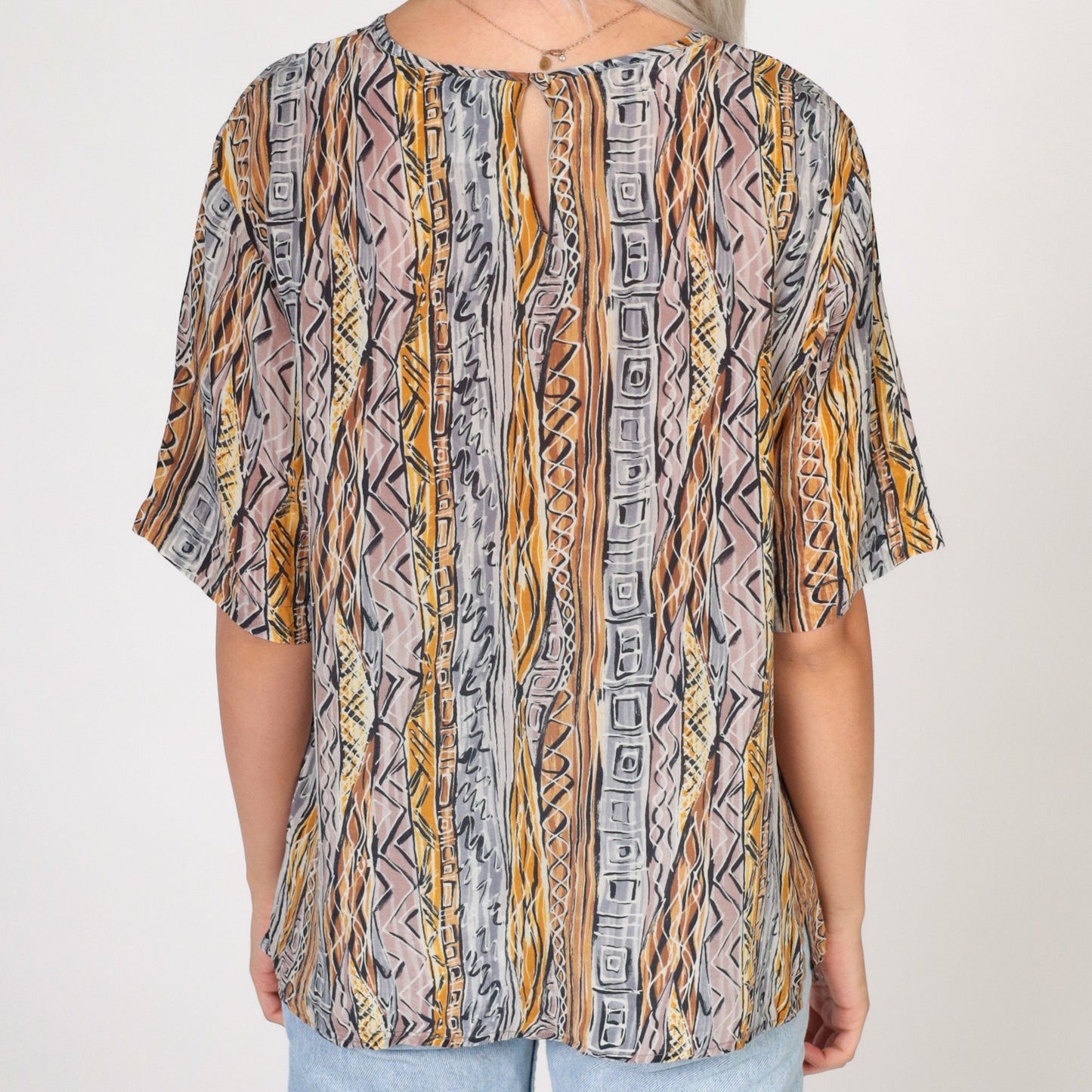 90s Silk Shirt Abstract Geometric Print Short Sleeve Blouse Medium