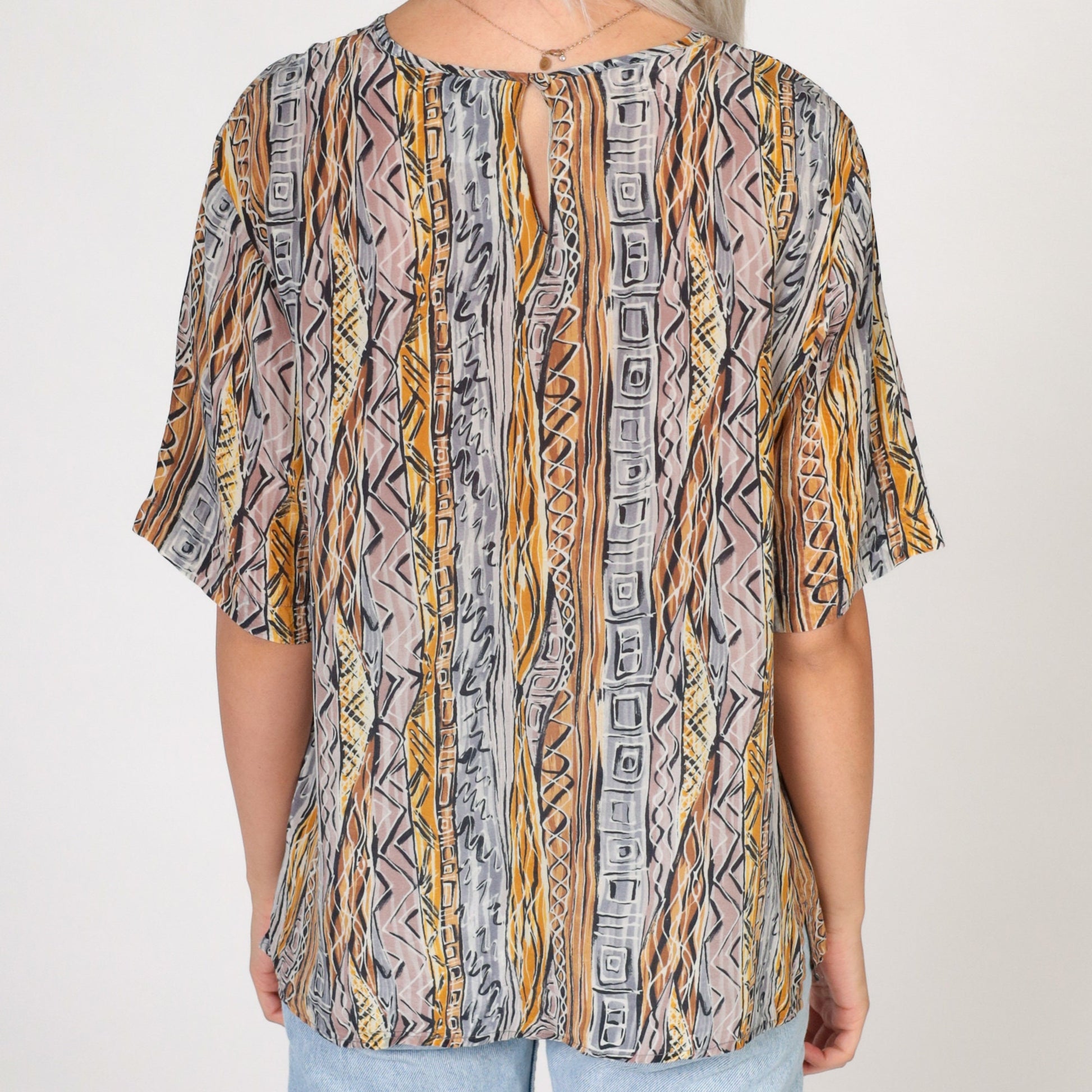 90s Silk Shirt Abstract Geometric Print Short Sleeve Blouse Medium