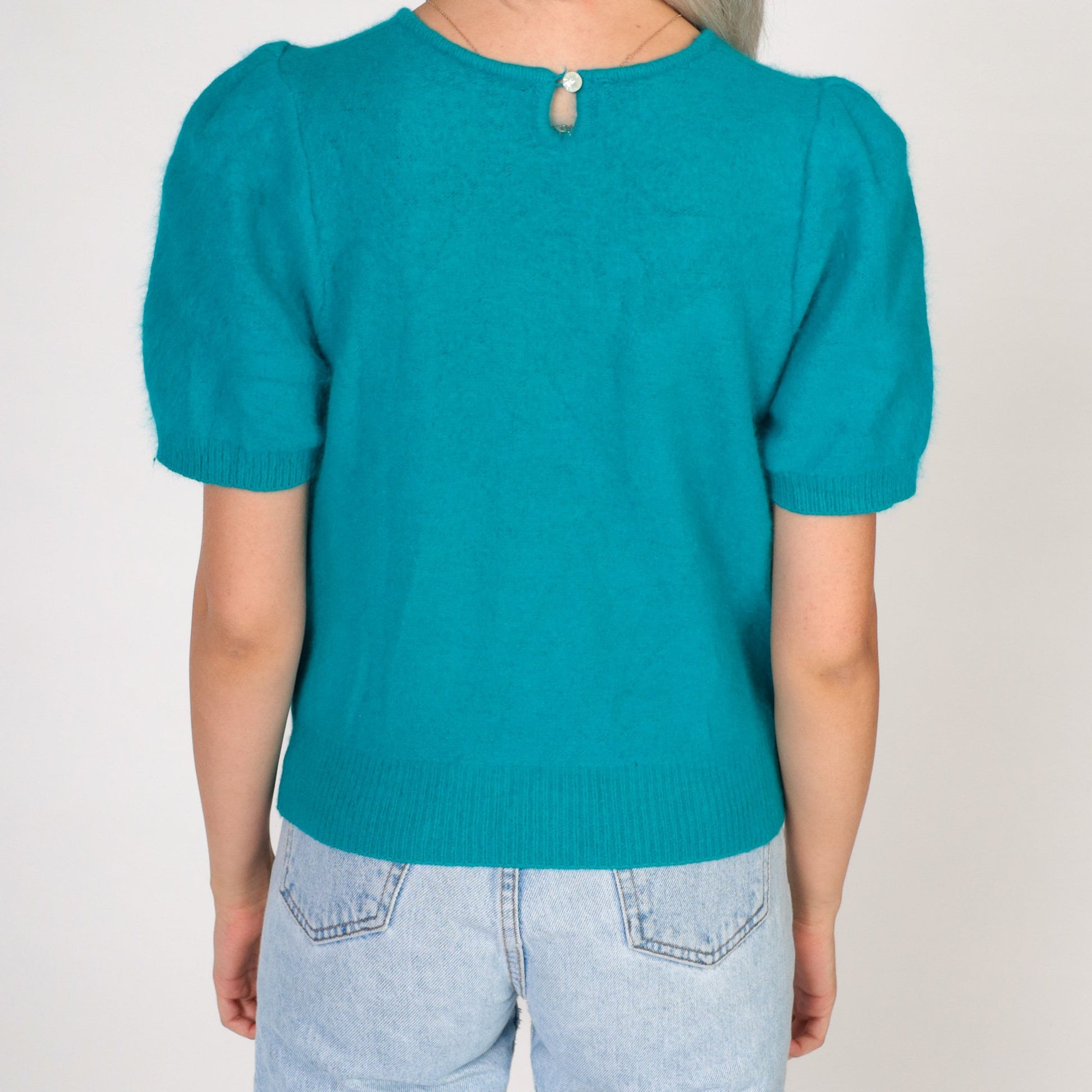 80s Teal Wool Sweater Top Puff Sleeve Beaded Floral Knit Small
