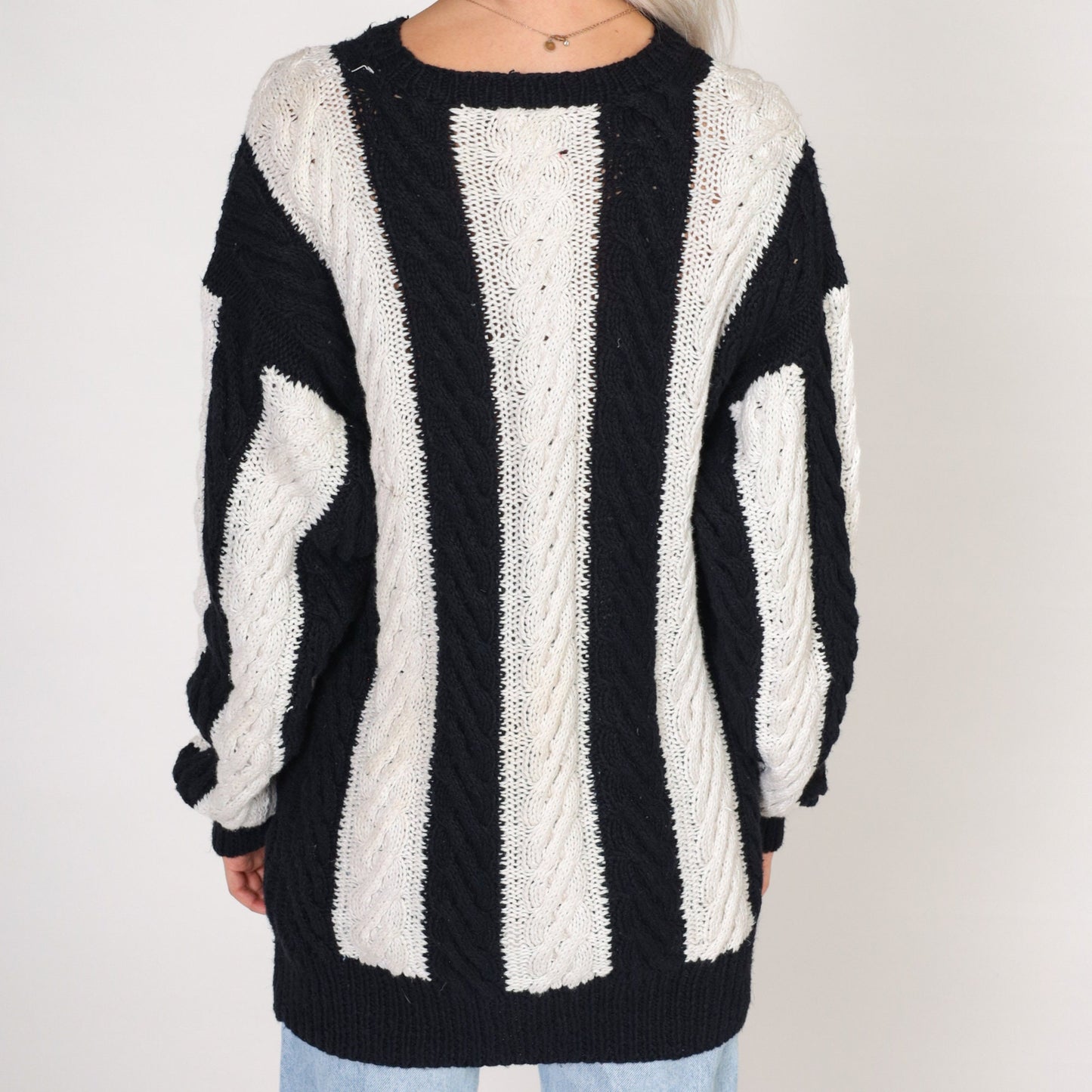 80s Black & White Striped Cable Knit Sweater Crewneck Pullover Medium Large