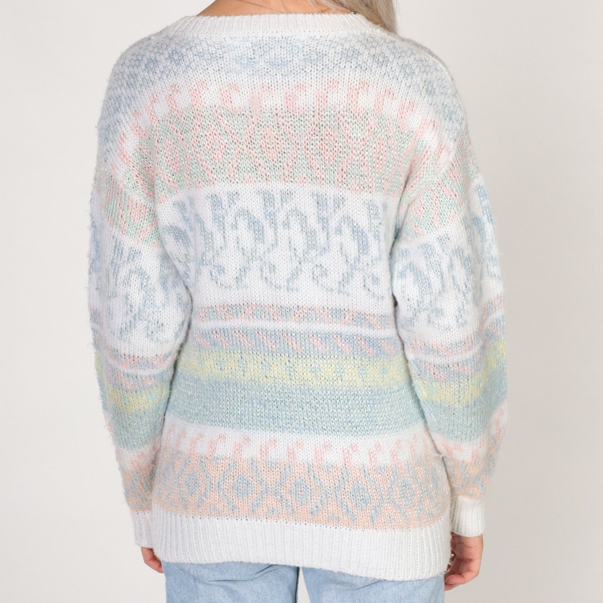 80s Helium Pastel Striped Abstract Knit Sweater White Crewneck Small