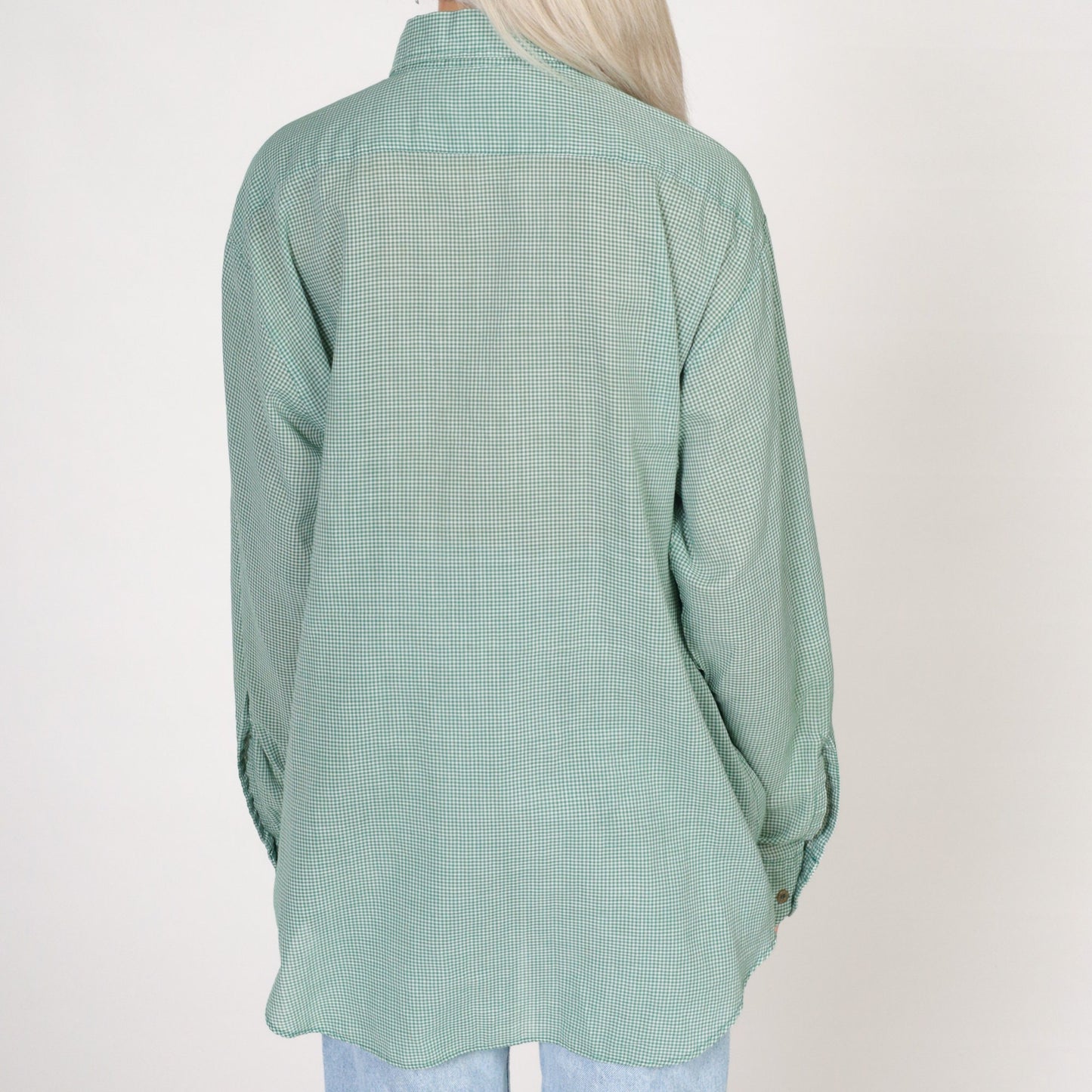 80s Steeple Chase Green White Gingham Button-Up Shirt Large