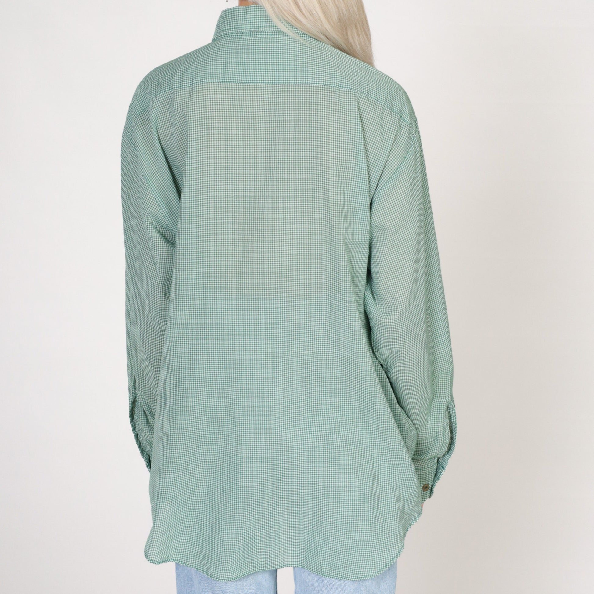 80s Steeple Chase Green White Gingham Button-Up Shirt Large