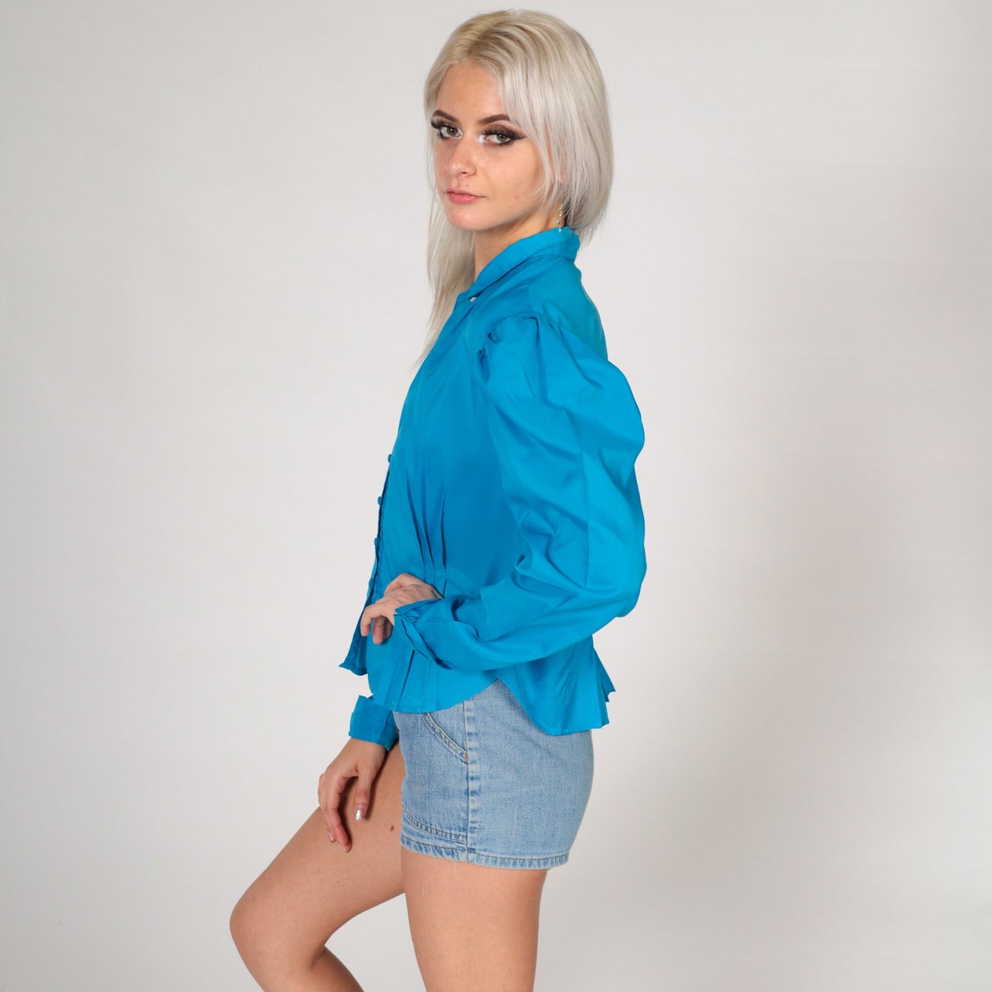 80s Blue Puff Sleeve Button-Up Blouse Peter Pan Collar Medium